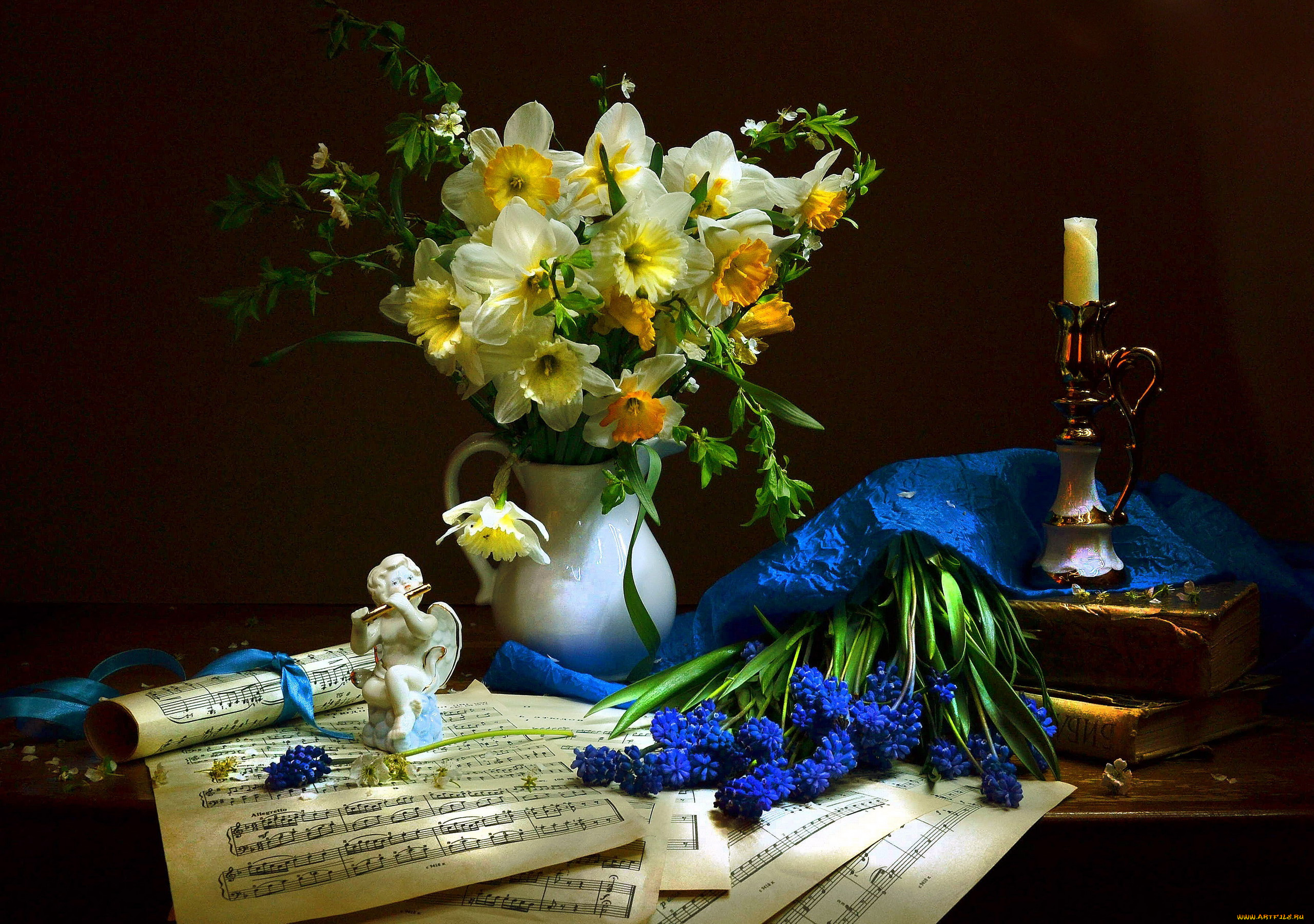 цветы, разные, вместе, мускари, нарциссы, композиция, букет