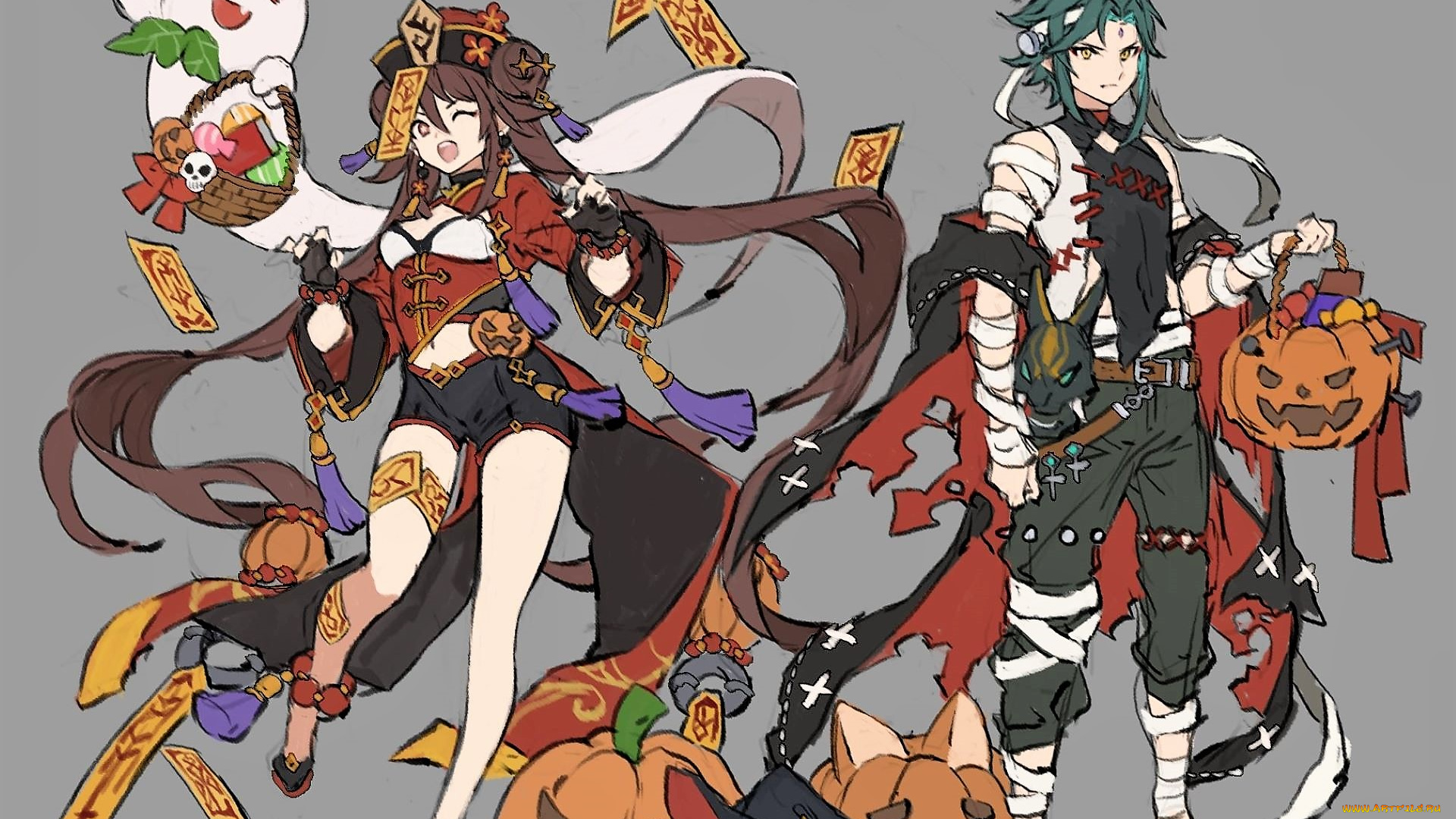 аниме, genshin, impact, персонажи, тыквы, хэллоуин
