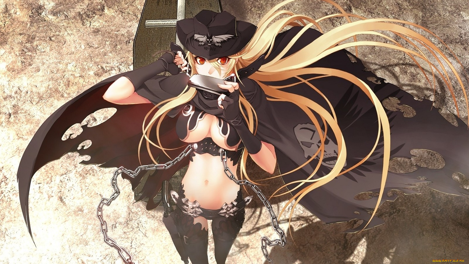 аниме, unknown, , другое, , девушка, гармошка, плащ, цепи