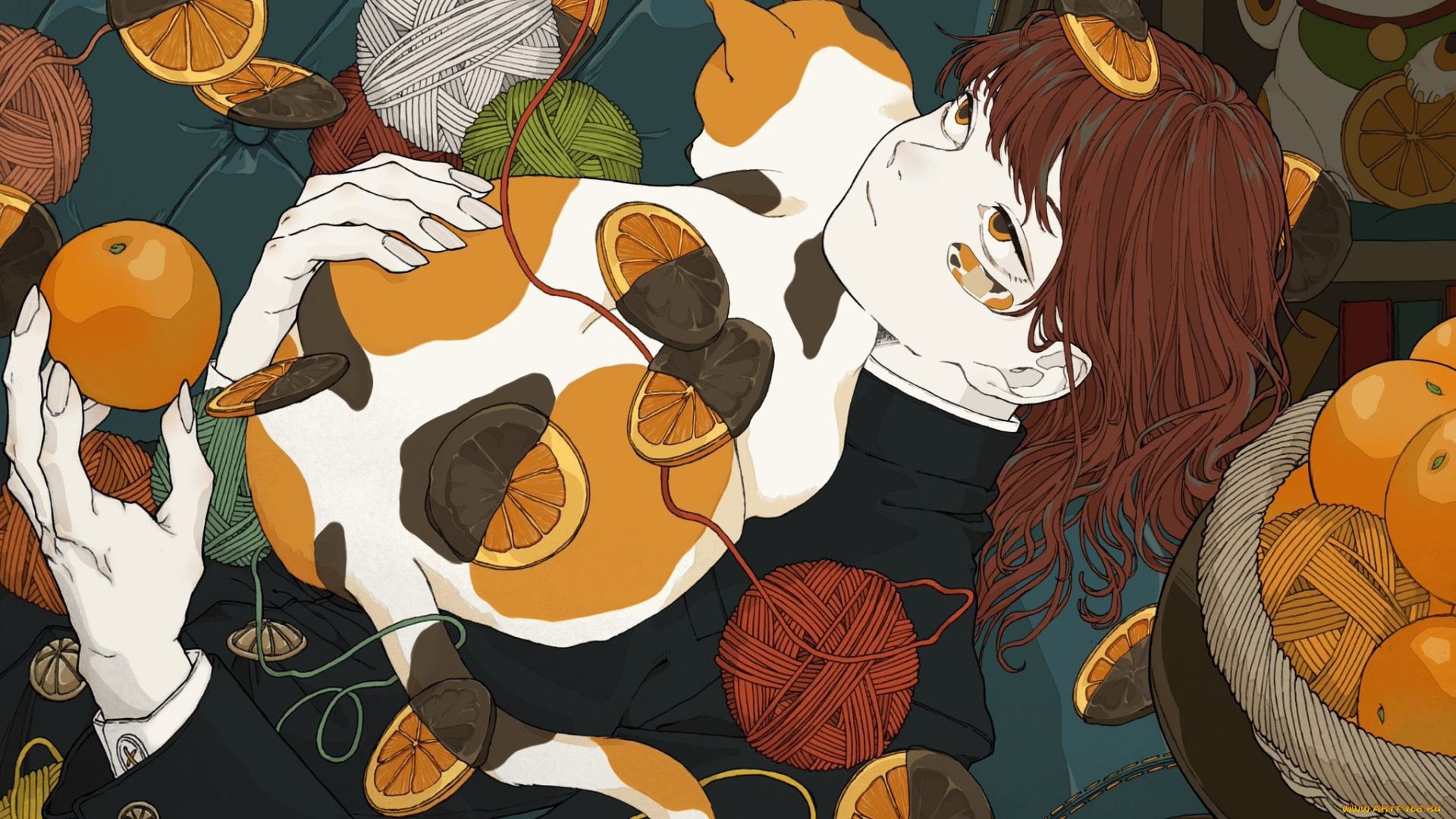 аниме, животные, , существа, кот, пиджак, клубки, апельсины