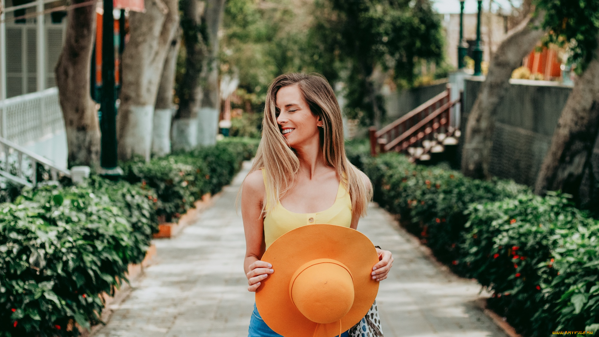 девушки, -, блондинки, , светловолосые, девушка, шляпа, дорожка, дома