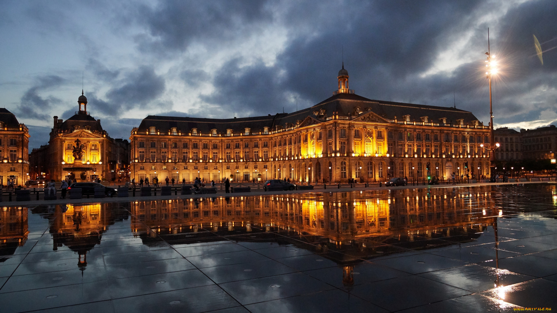 города, -, огни, ночного, города, бордо, франция, el, espejo, de, agua, светоотражающий, бассейн, набережная, река, гаронна, площадь, бурса, michel, corajoud