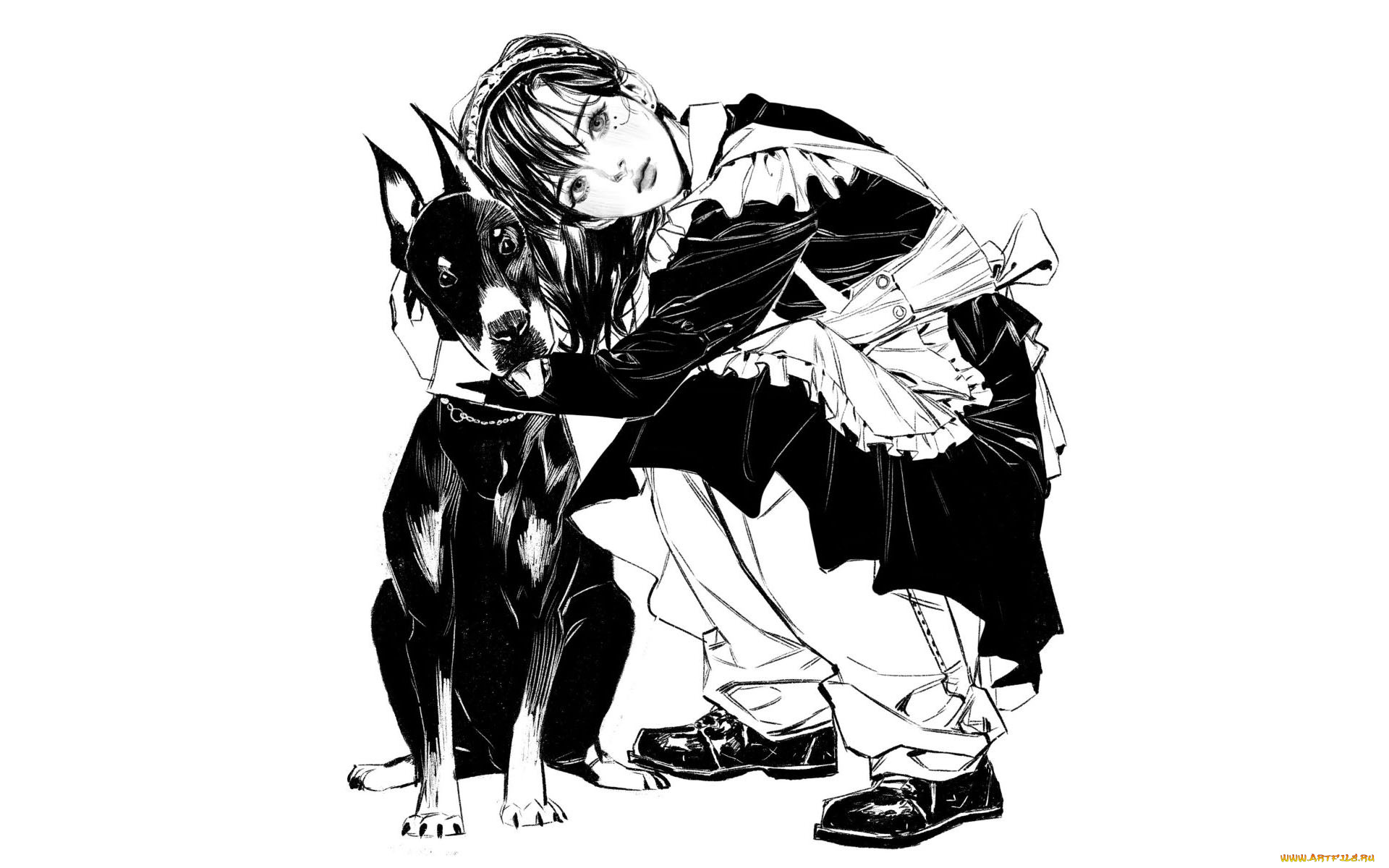 аниме, животные, , существа, девушка, горничная, собака