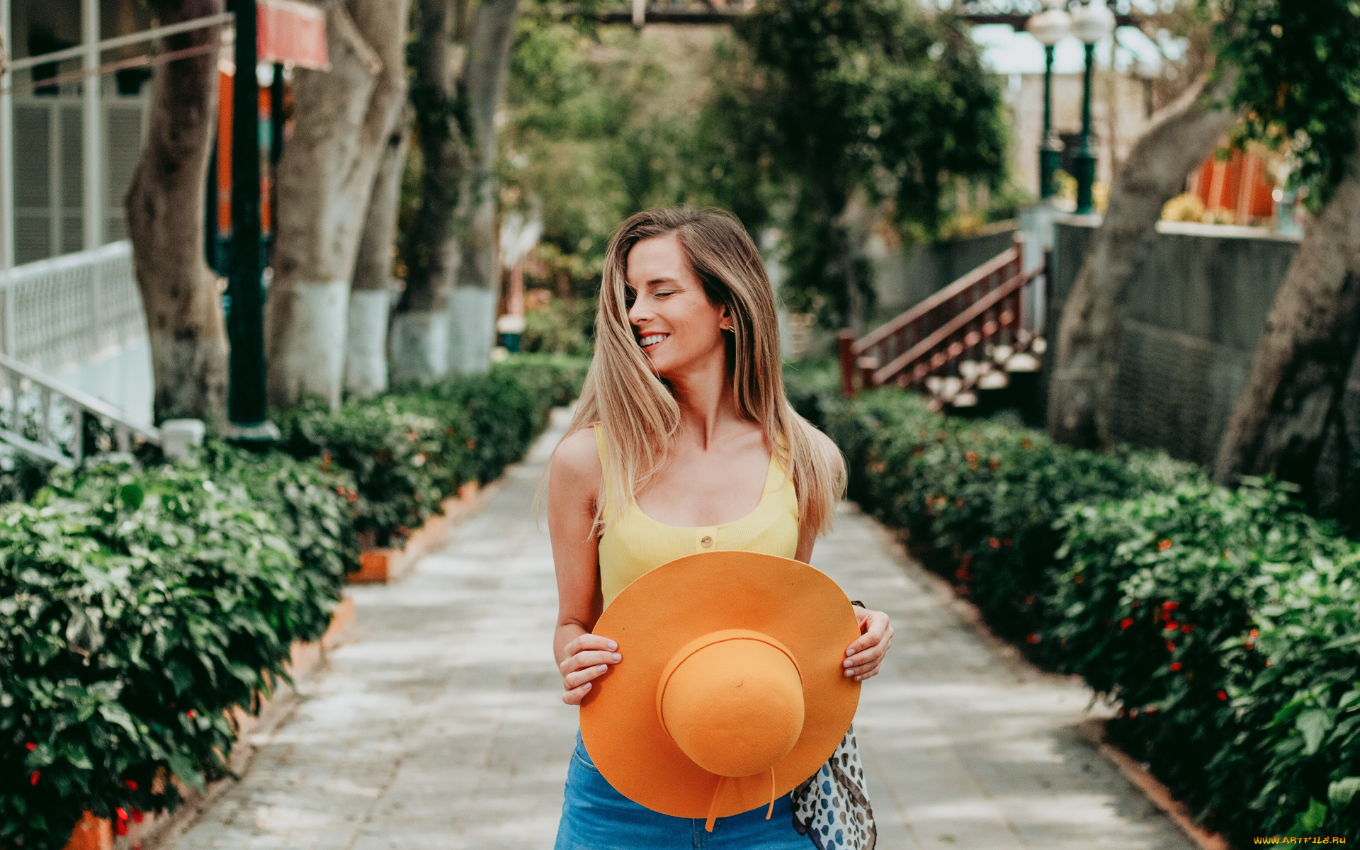 девушки, -, блондинки, , светловолосые, девушка, шляпа, дорожка, дома