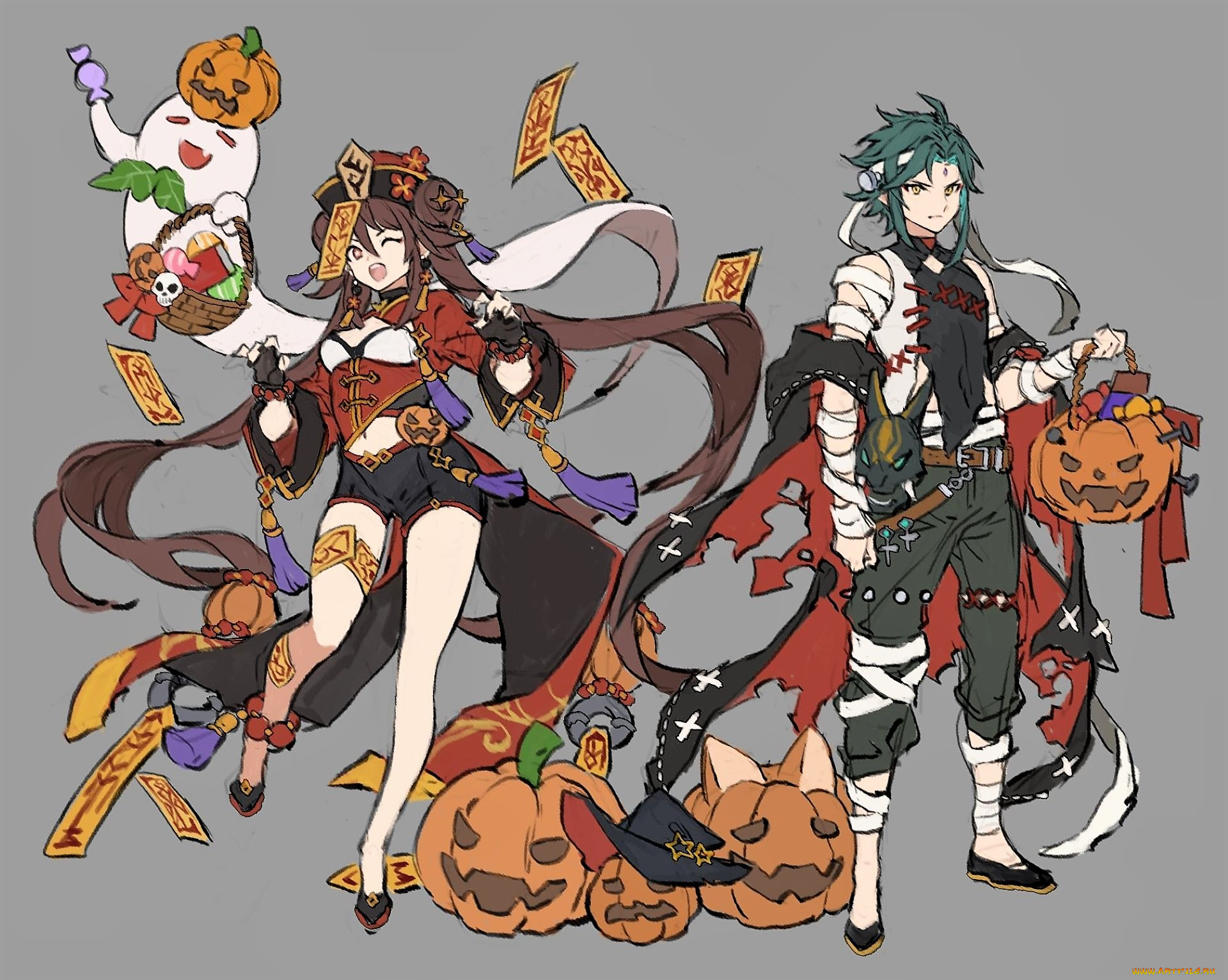 аниме, genshin, impact, персонажи, тыквы, хэллоуин