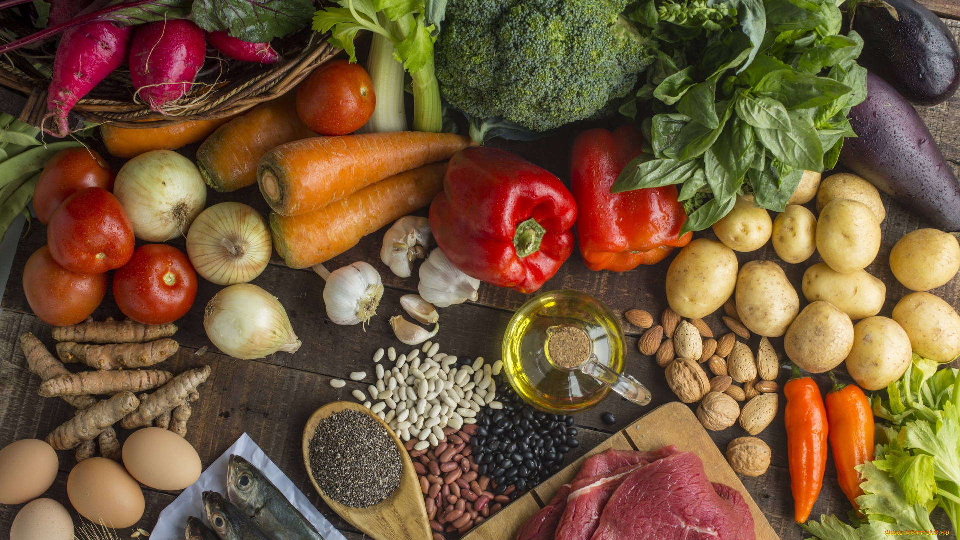 еда, разное, мясо, рыба, овощи, яйца, фасоль