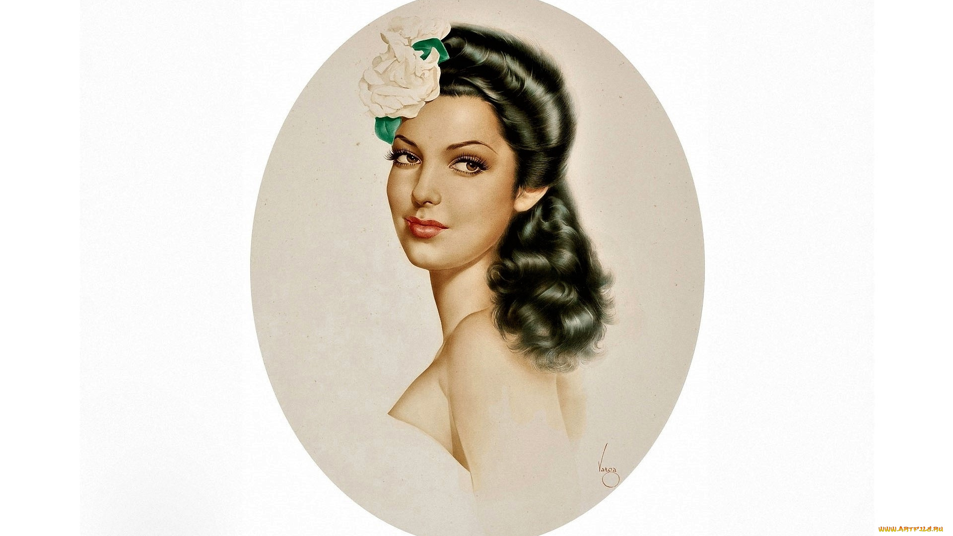 рисованное, alberto, vargas, девушка, портрет, лицо, брюнетка