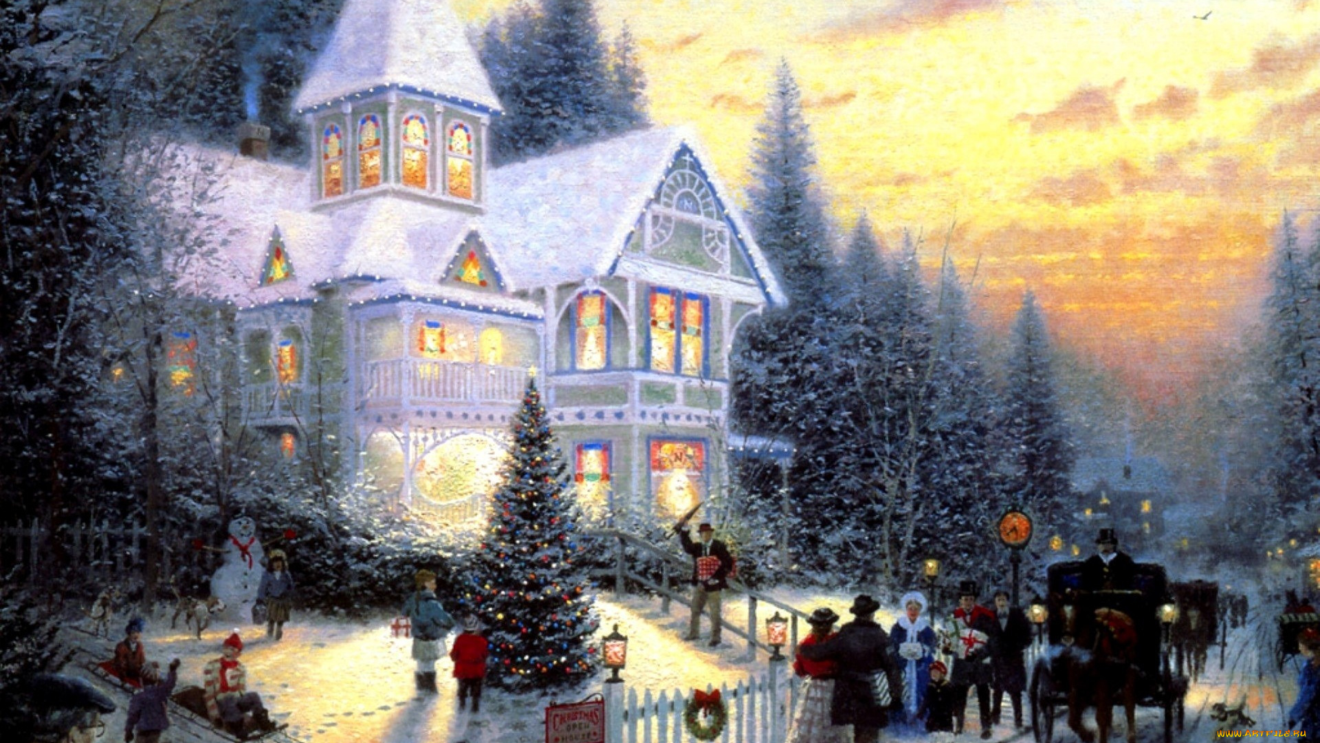 рисованное, thomas, kinkade, дом, люди, карета, праздник