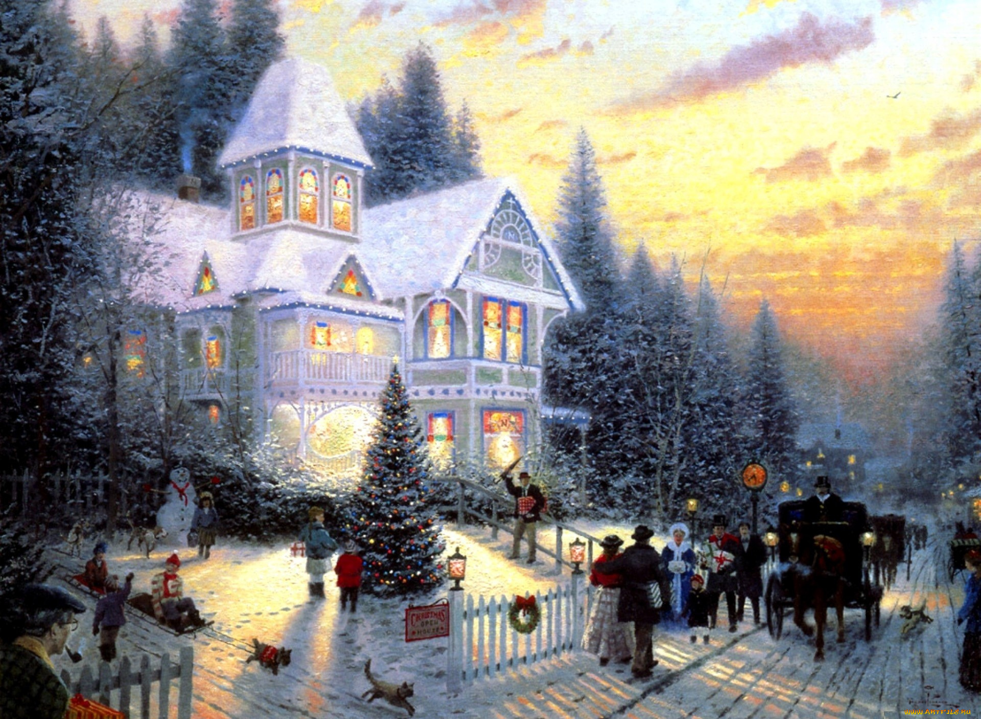 рисованное, thomas, kinkade, дом, люди, карета, праздник