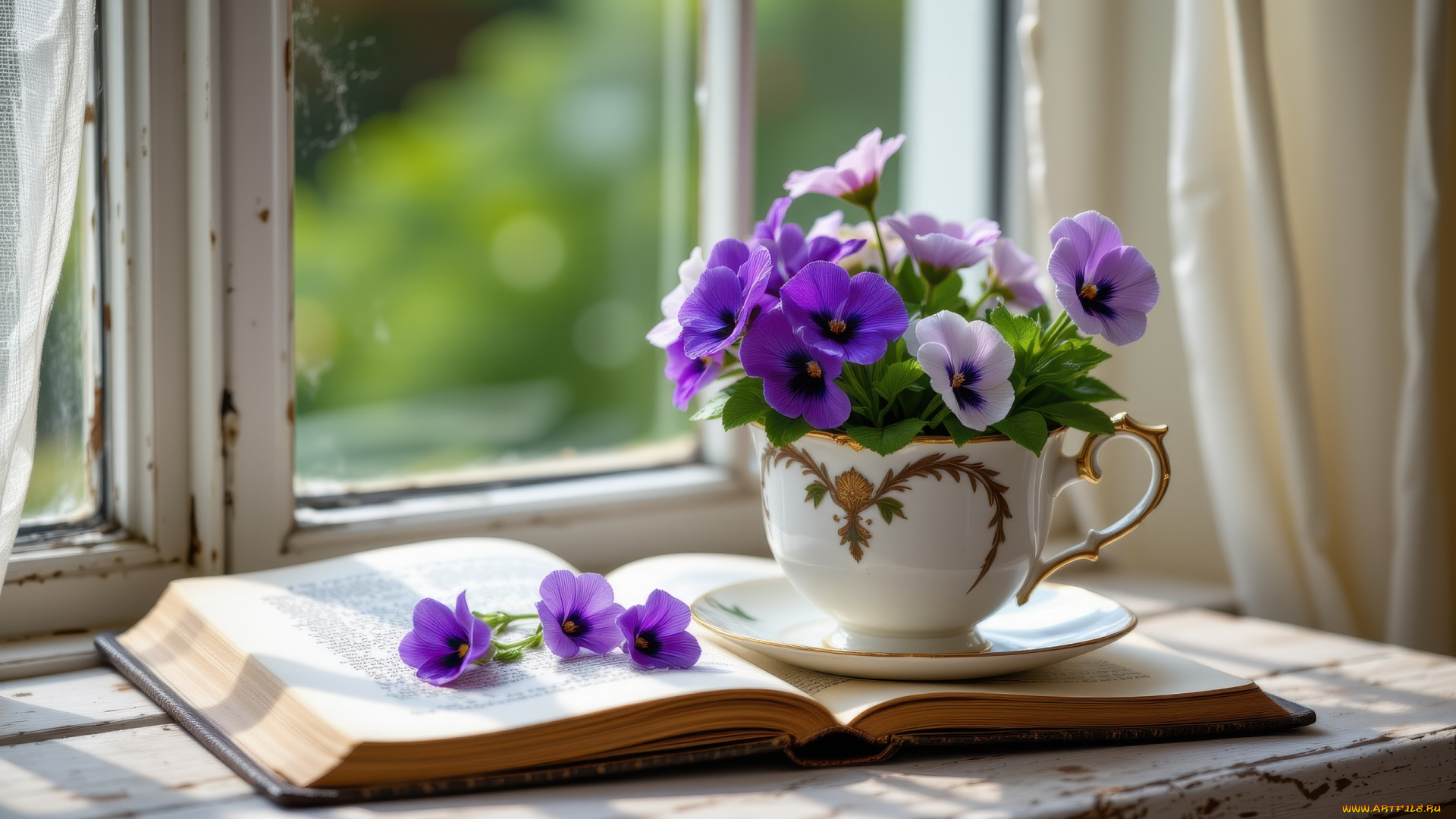 3д, графика, цветы, , flowers, окно, подоконник, книга, чашка, букет, анютины, глазки