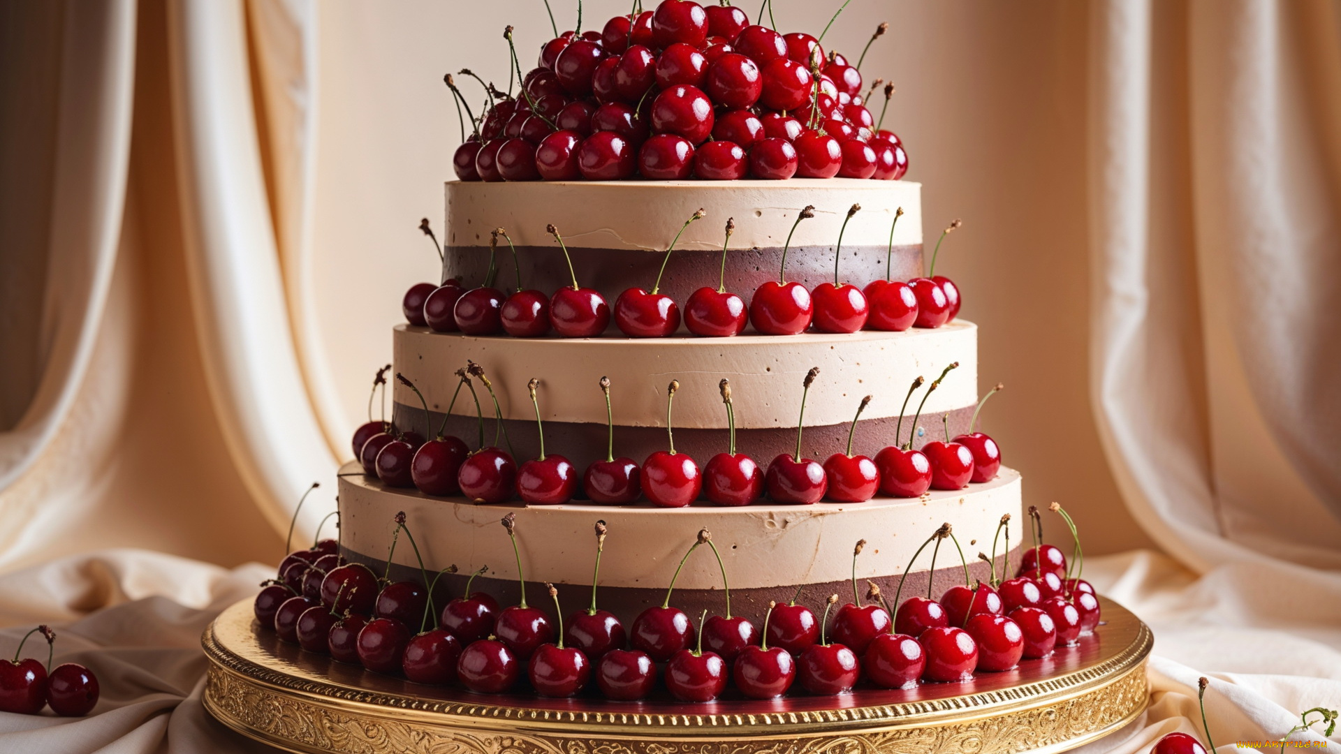 3д, графика, еда-, food, многослойный, торт, вишни