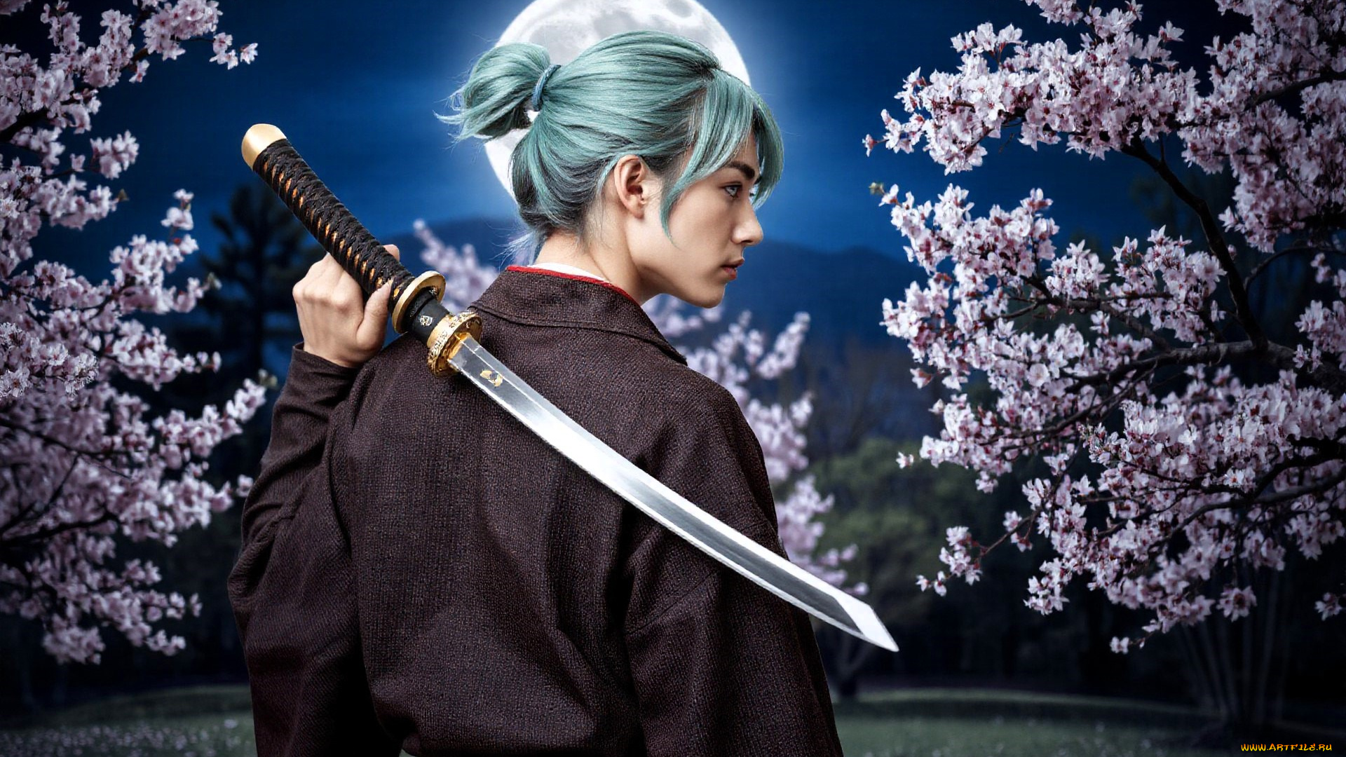 3д, графика, люди, , people, парень, наряд, оружие, меч, сад, цветение, луна