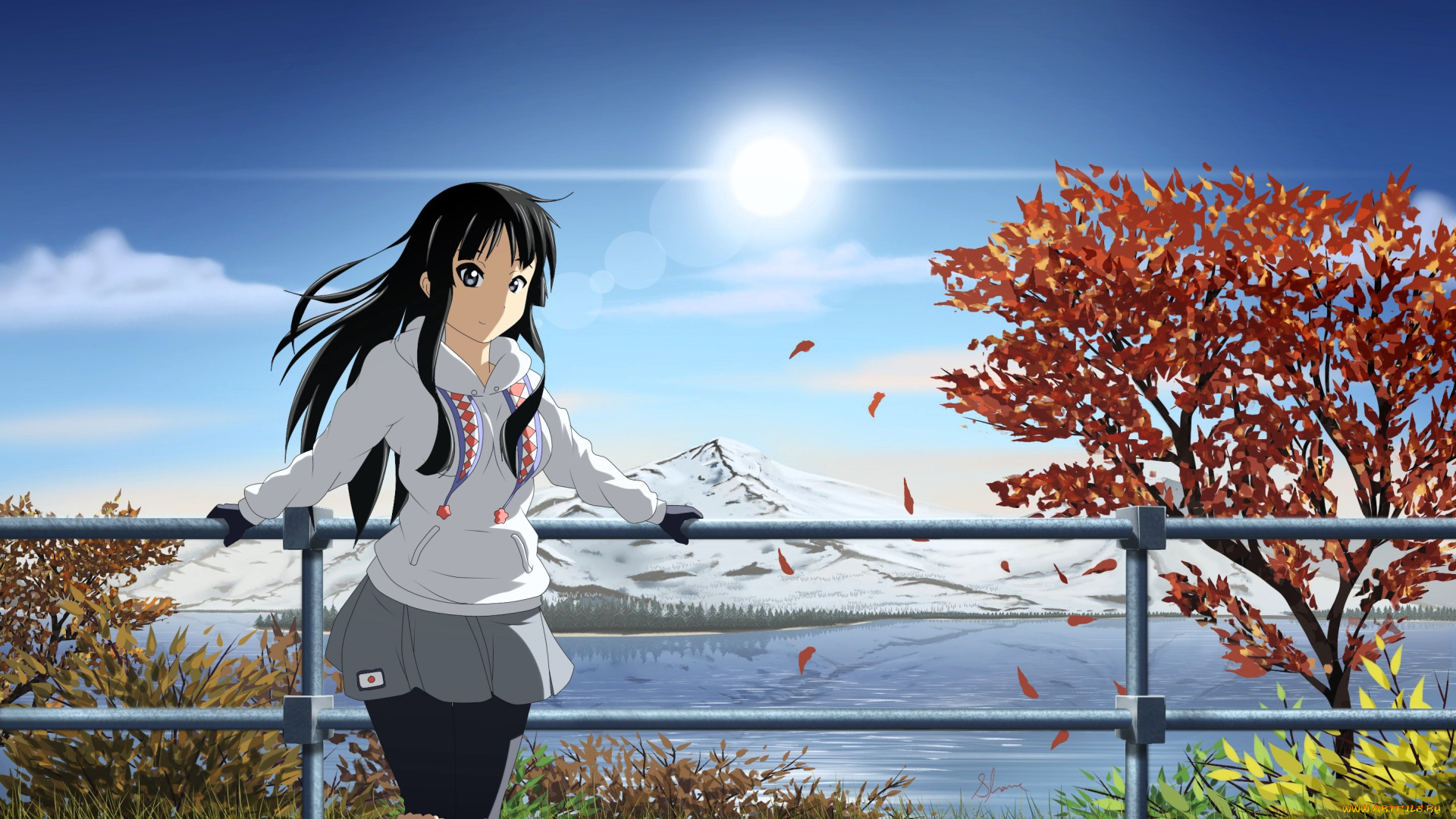 аниме, k-on, девушка, куртка, ограда, природа, деревья, гора, озеро