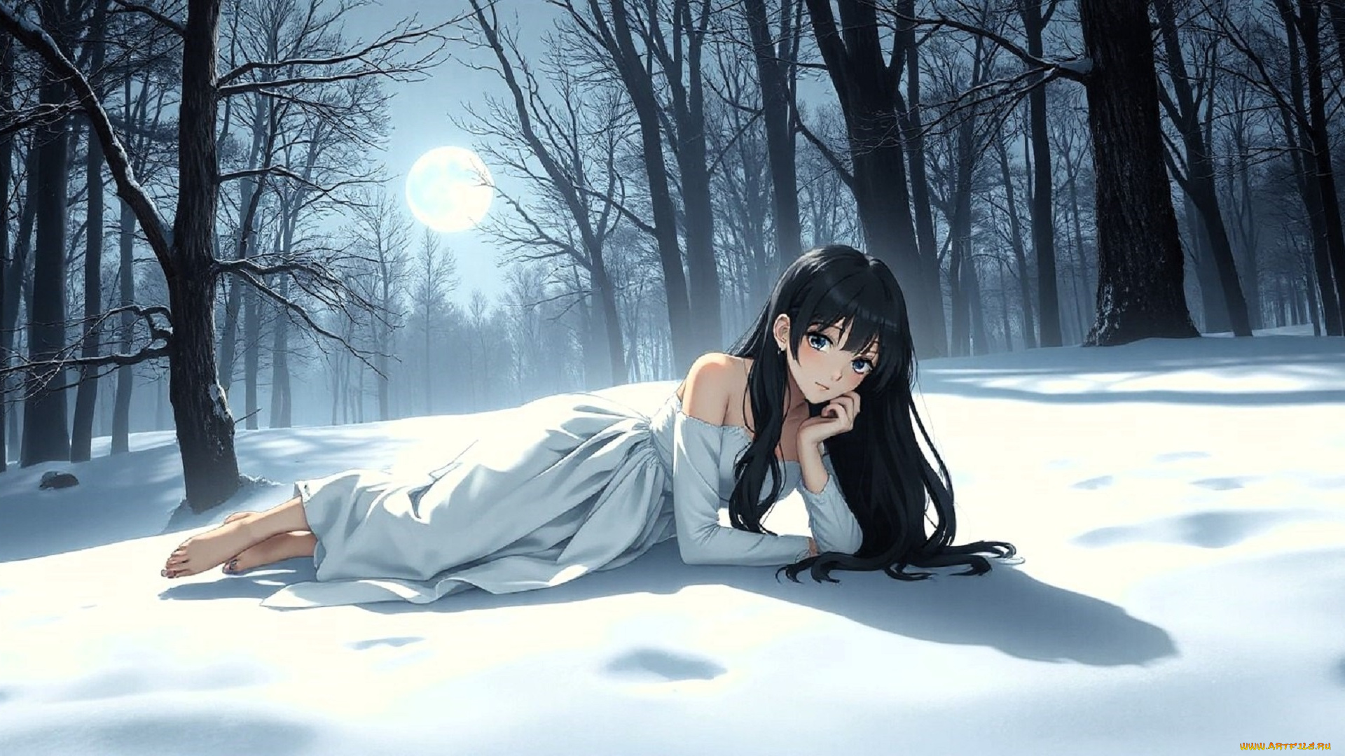 аниме, зима, , новый, год, , рождество, девушка, платье, снег, лес, деревья, луна