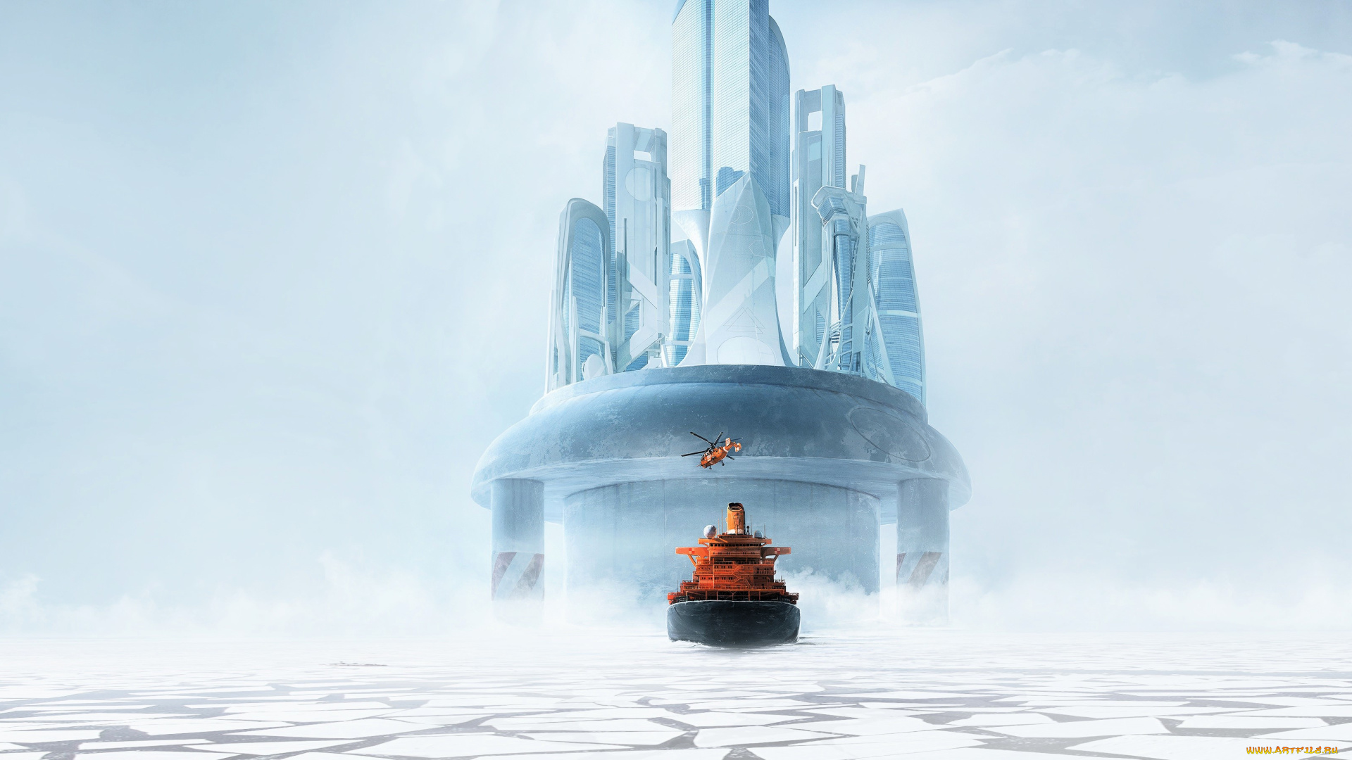 фэнтези, иные, миры, , иные, времена, город, небоскребы, остров, море, льды, ледокол, вертолет