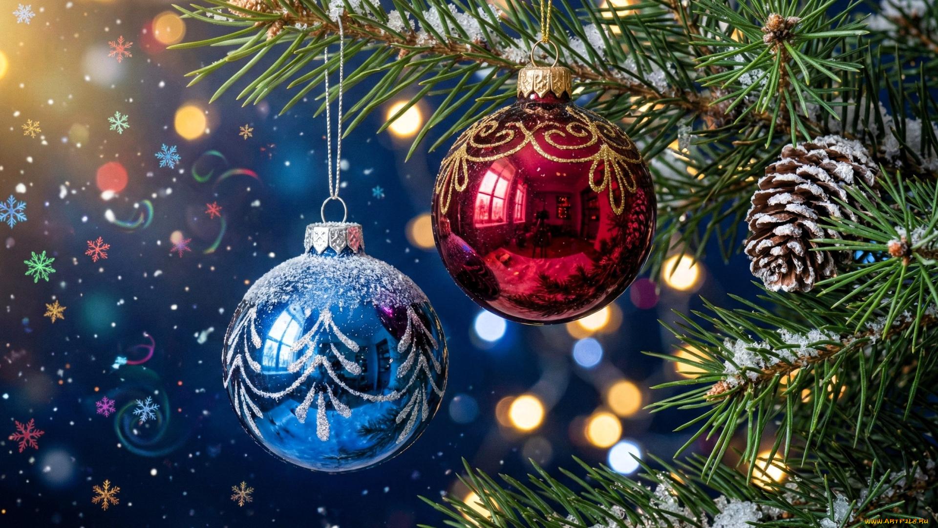 праздничные, украшения, ёлка, ветки, шарики, шишка, снежинки