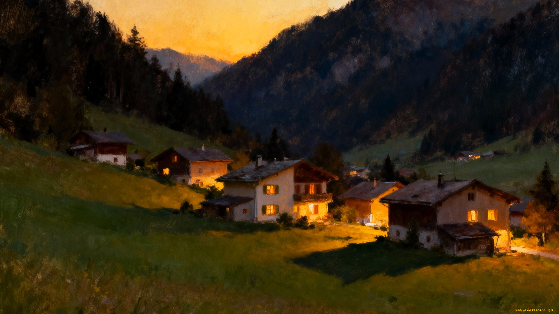 рисованное, города, горы, лес, закат, долина, дома, свет, поселок