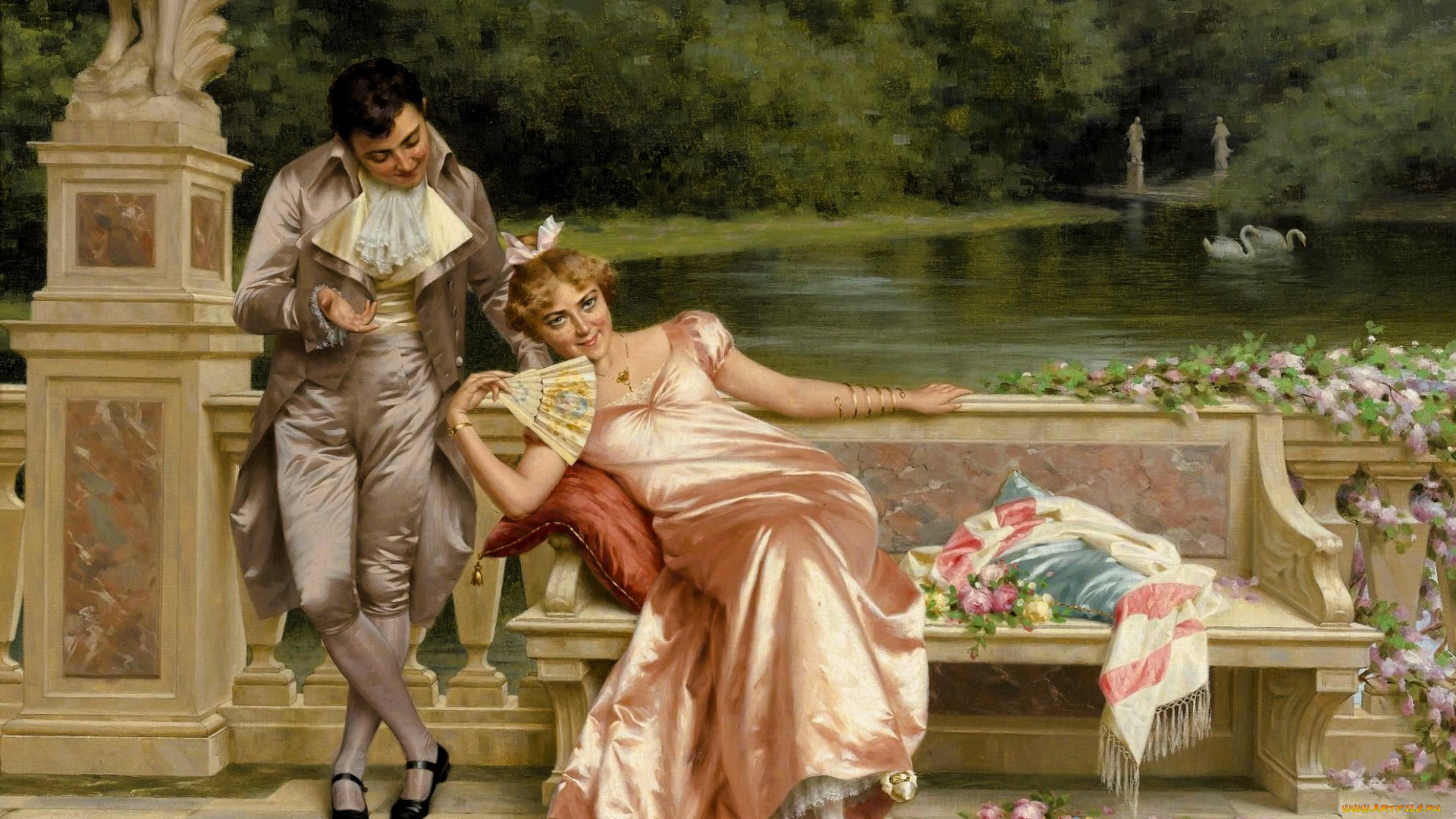 рисованное, vittorio, reggianini, дама, кавалер, цветы, статуя, скамейка, парк, река