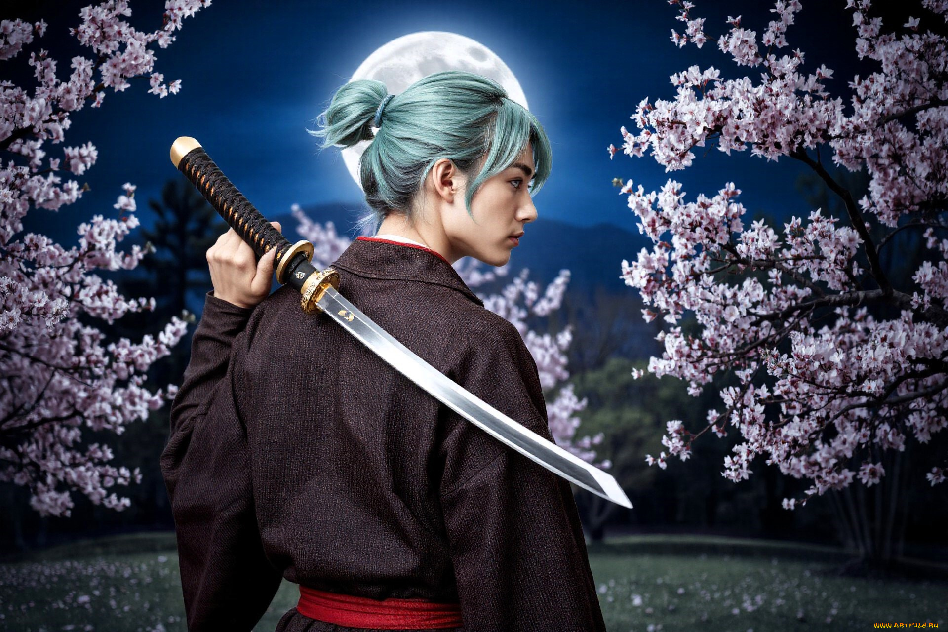 3д, графика, люди, , people, парень, наряд, оружие, меч, сад, цветение, луна