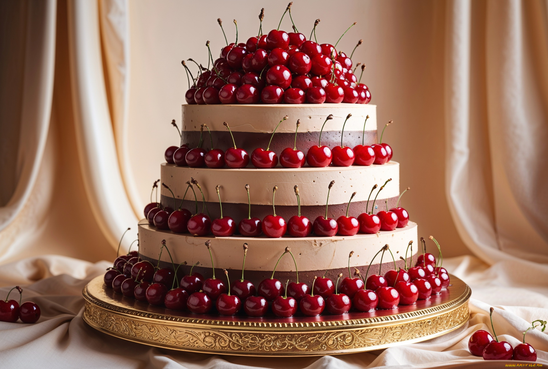 3д, графика, еда-, food, многослойный, торт, вишни