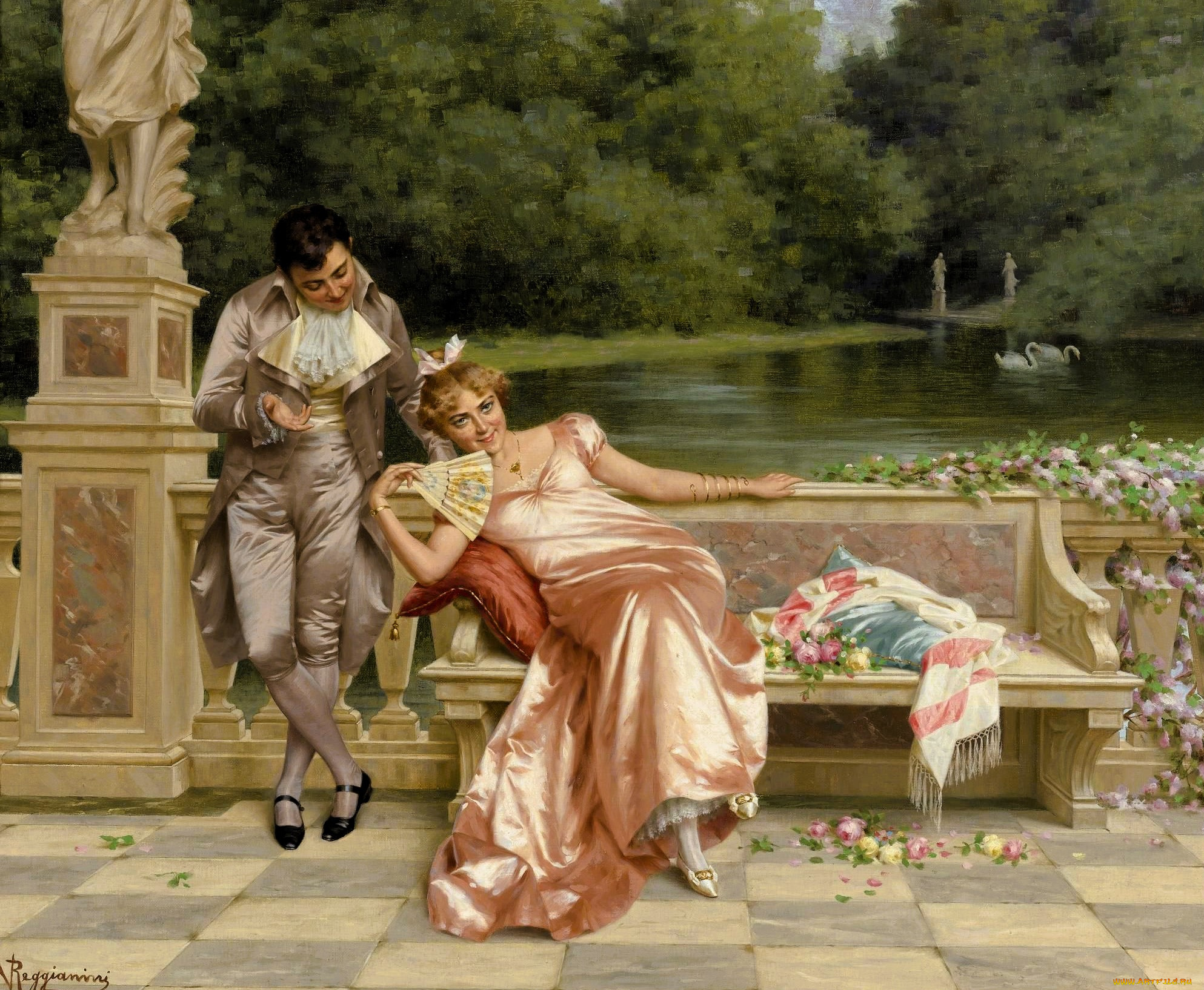 рисованное, vittorio, reggianini, дама, кавалер, цветы, статуя, скамейка, парк, река