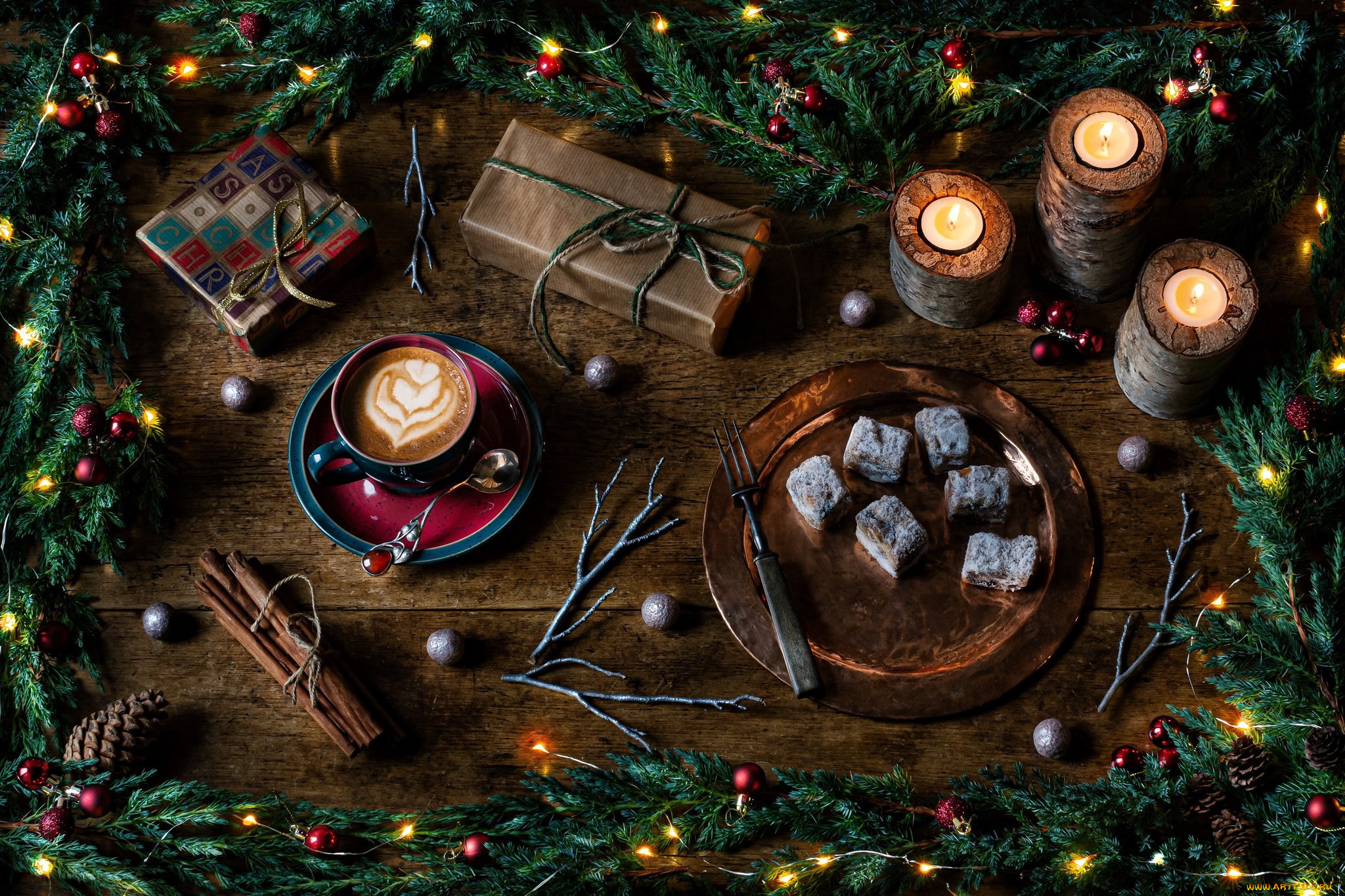 3д, графика, праздники, , holidays, ветки, еловые, подарки, свечи, кофе