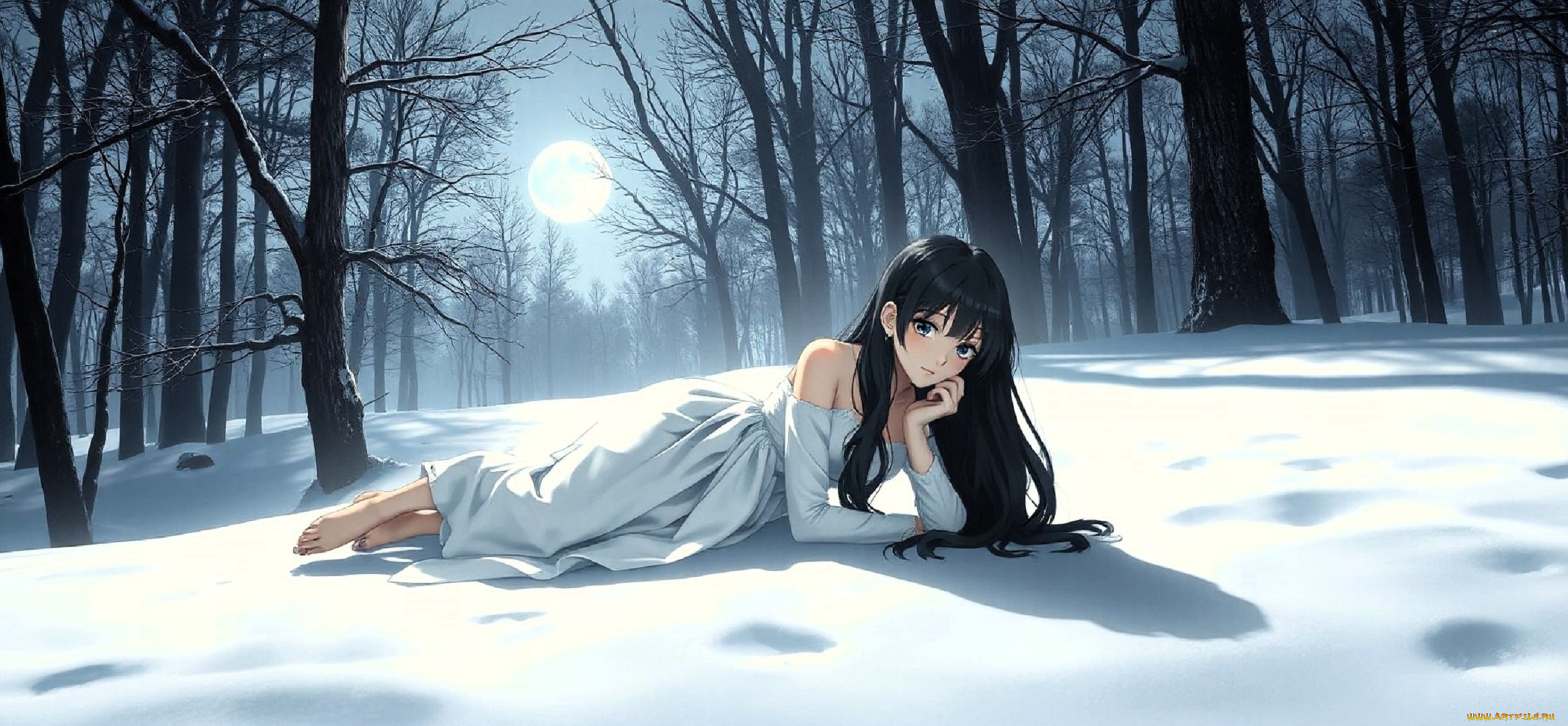 аниме, зима, , новый, год, , рождество, девушка, платье, снег, лес, деревья, луна