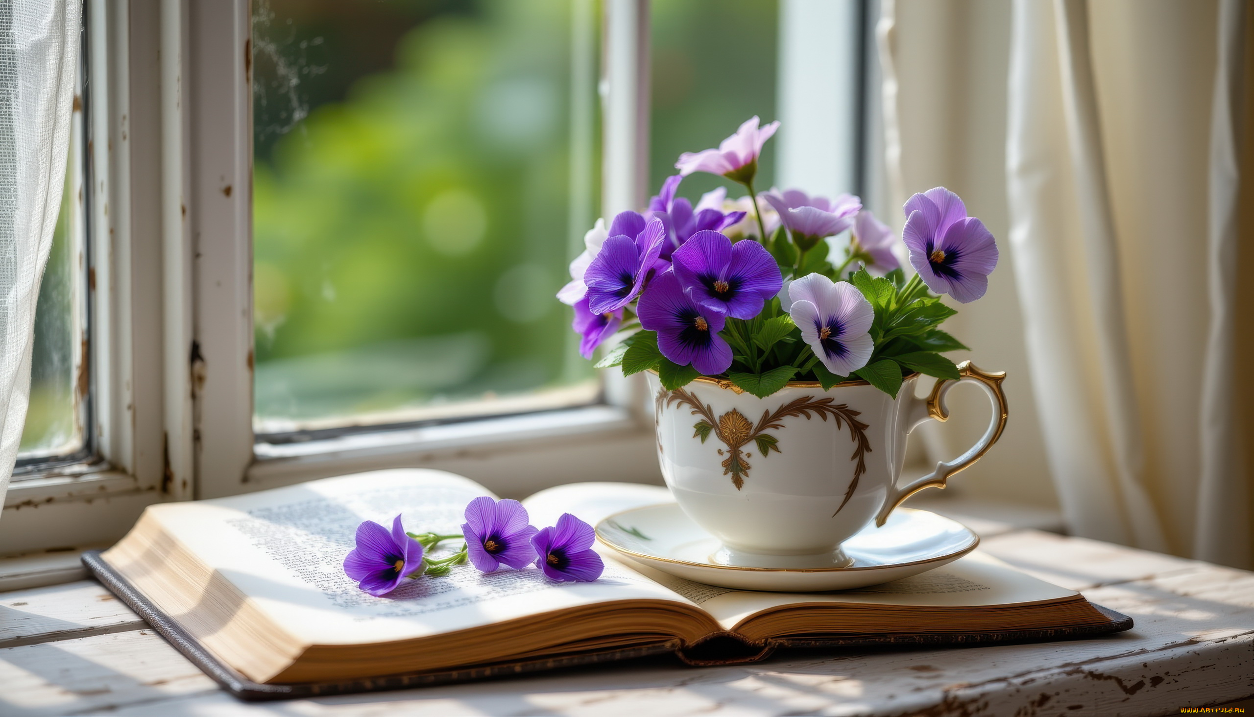 3д, графика, цветы, , flowers, окно, подоконник, книга, чашка, букет, анютины, глазки