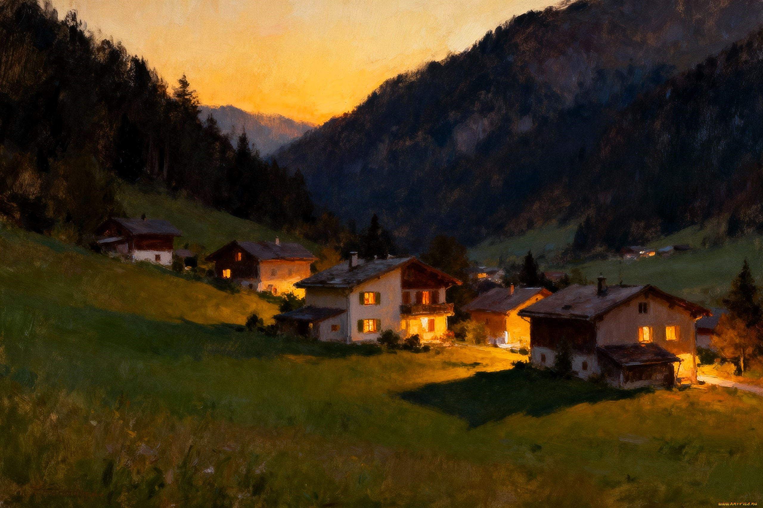 рисованное, города, горы, лес, закат, долина, дома, свет, поселок