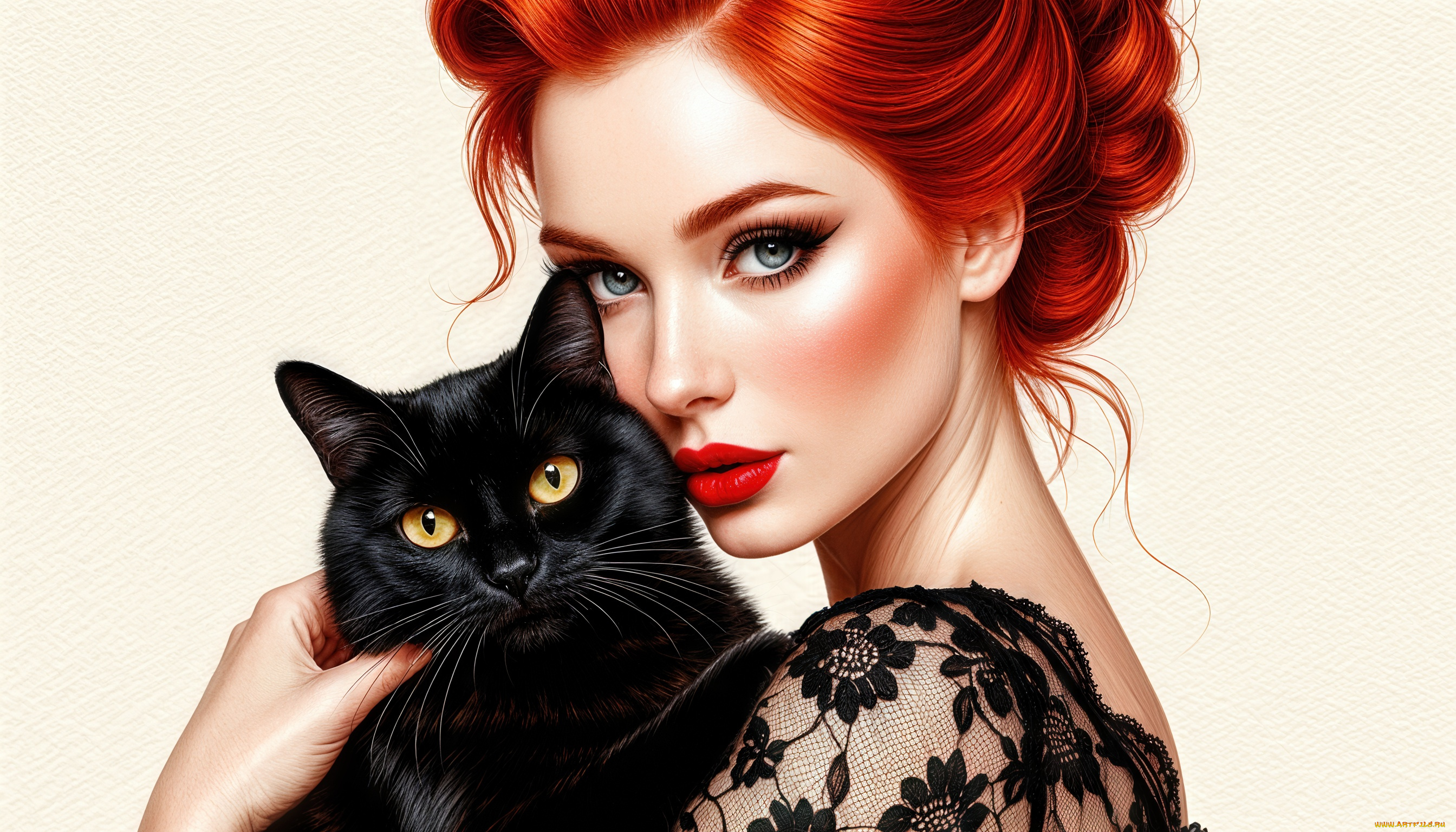 девушка, рисованное, люди, секси, брюнетка, позирует, с, кошкой