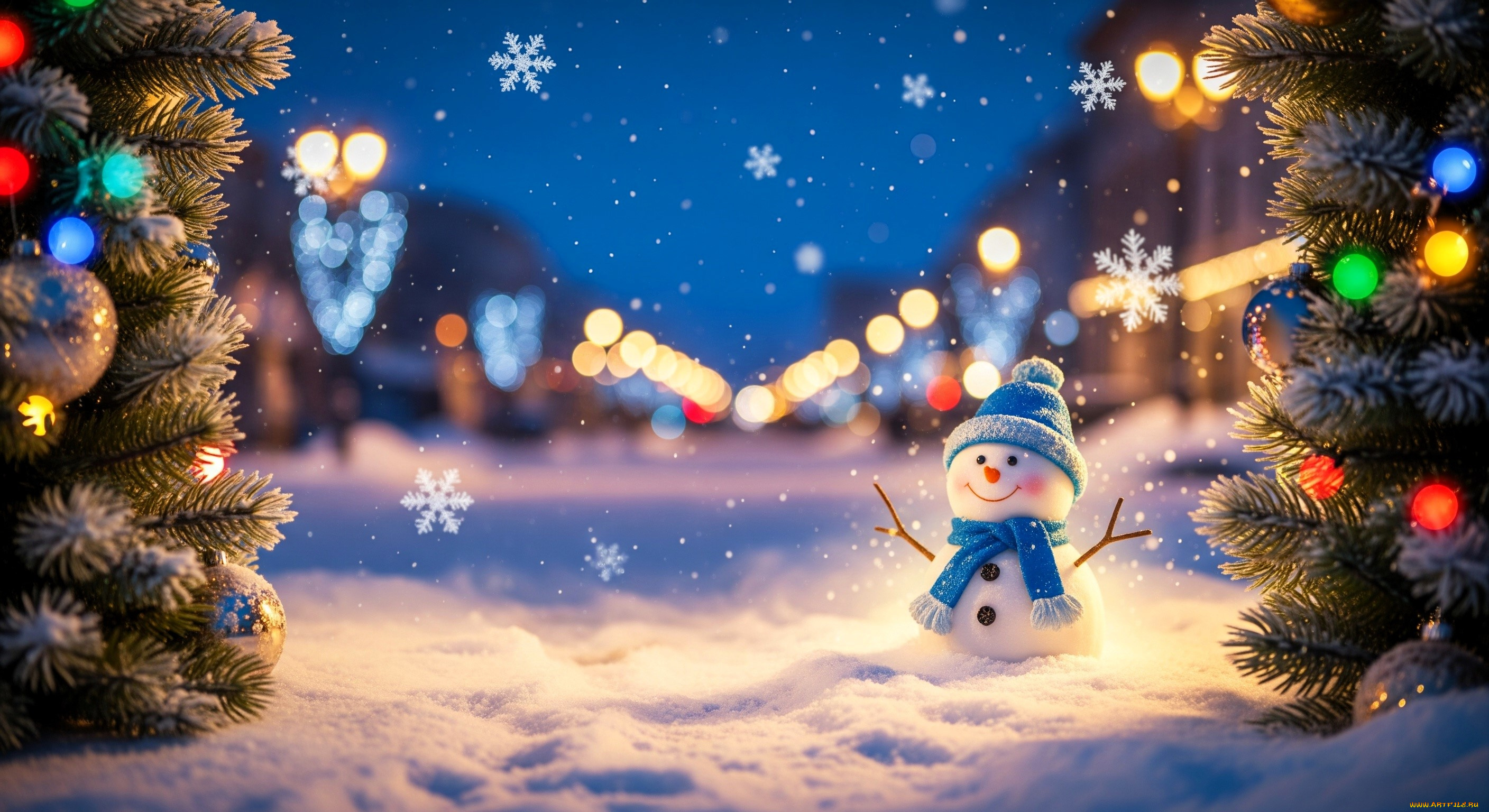 праздничные, снеговики, ёлки, снег, снежинки, зима, украшения, снеговик