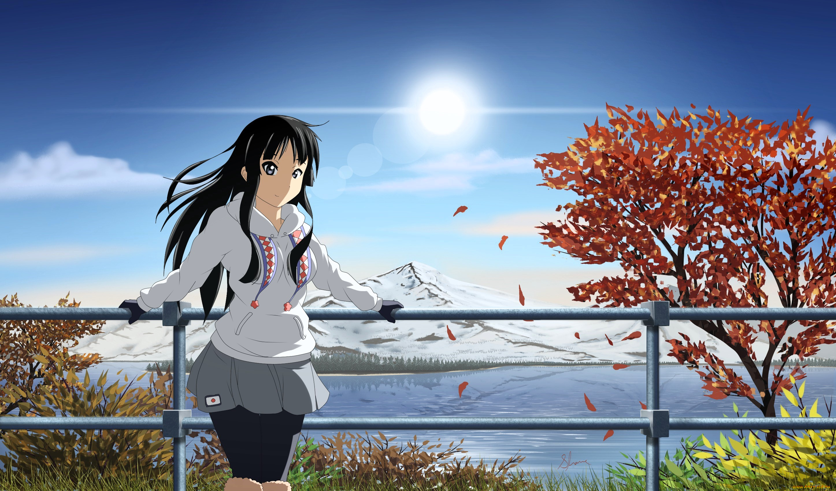 аниме, k-on, девушка, куртка, ограда, природа, деревья, гора, озеро