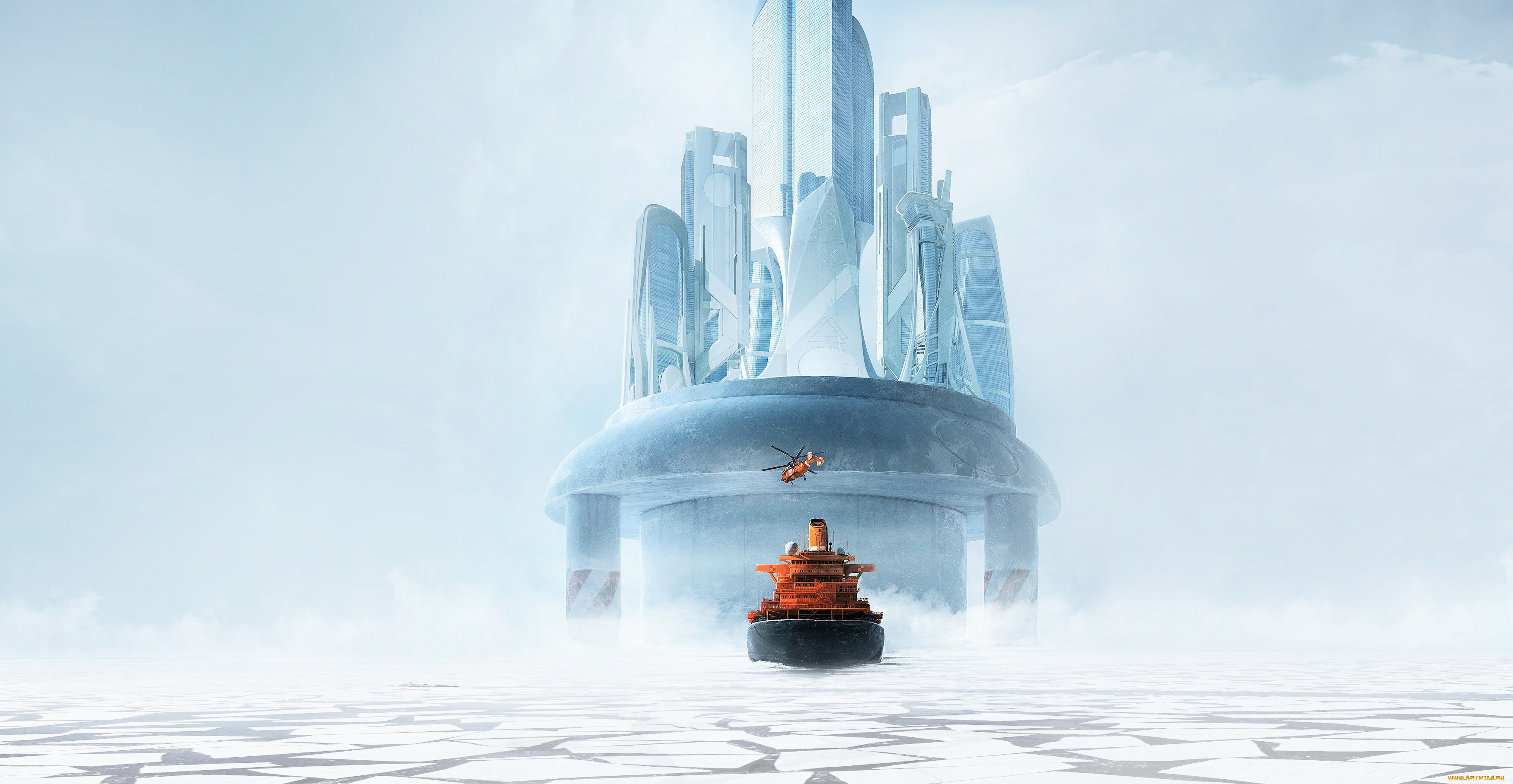 фэнтези, иные, миры, , иные, времена, город, небоскребы, остров, море, льды, ледокол, вертолет
