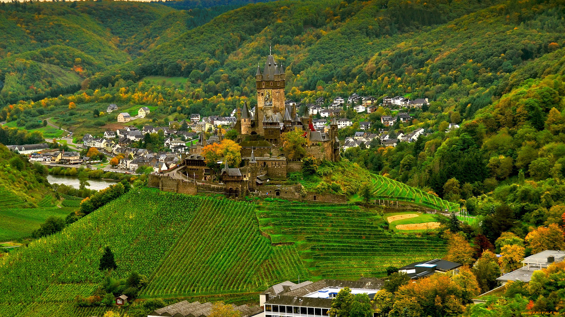 germany, castle, cochem, города, кохем, германия, здания, деревья, поля, замок
