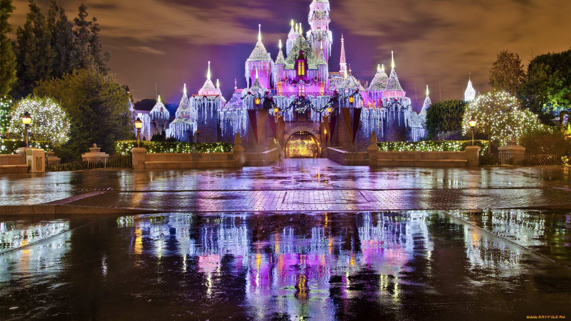 города, диснейленд, disney, иллюминация, отражение