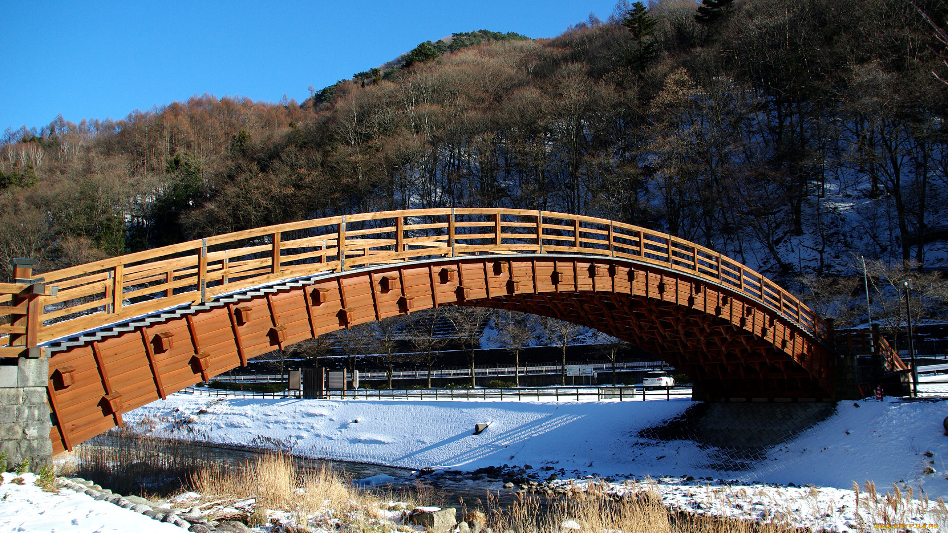 города, мосты, река, горы, снег
