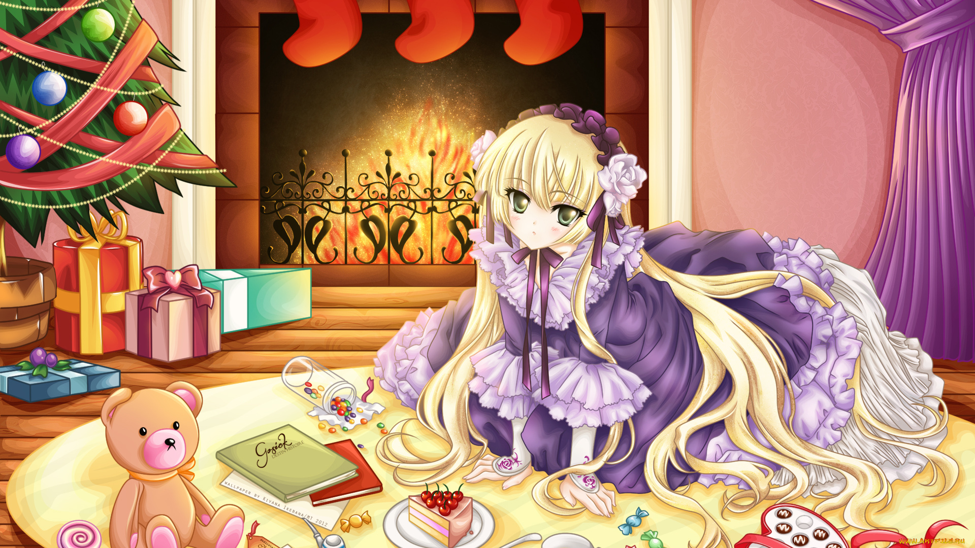 gosick, аниме, victorique, de, blois, сладости, камин, merry, chrismas, девушка, winter, носок, игрушки, подарки, украшения, платье, шторы, цветы, чай, конфеты, елка, огонь