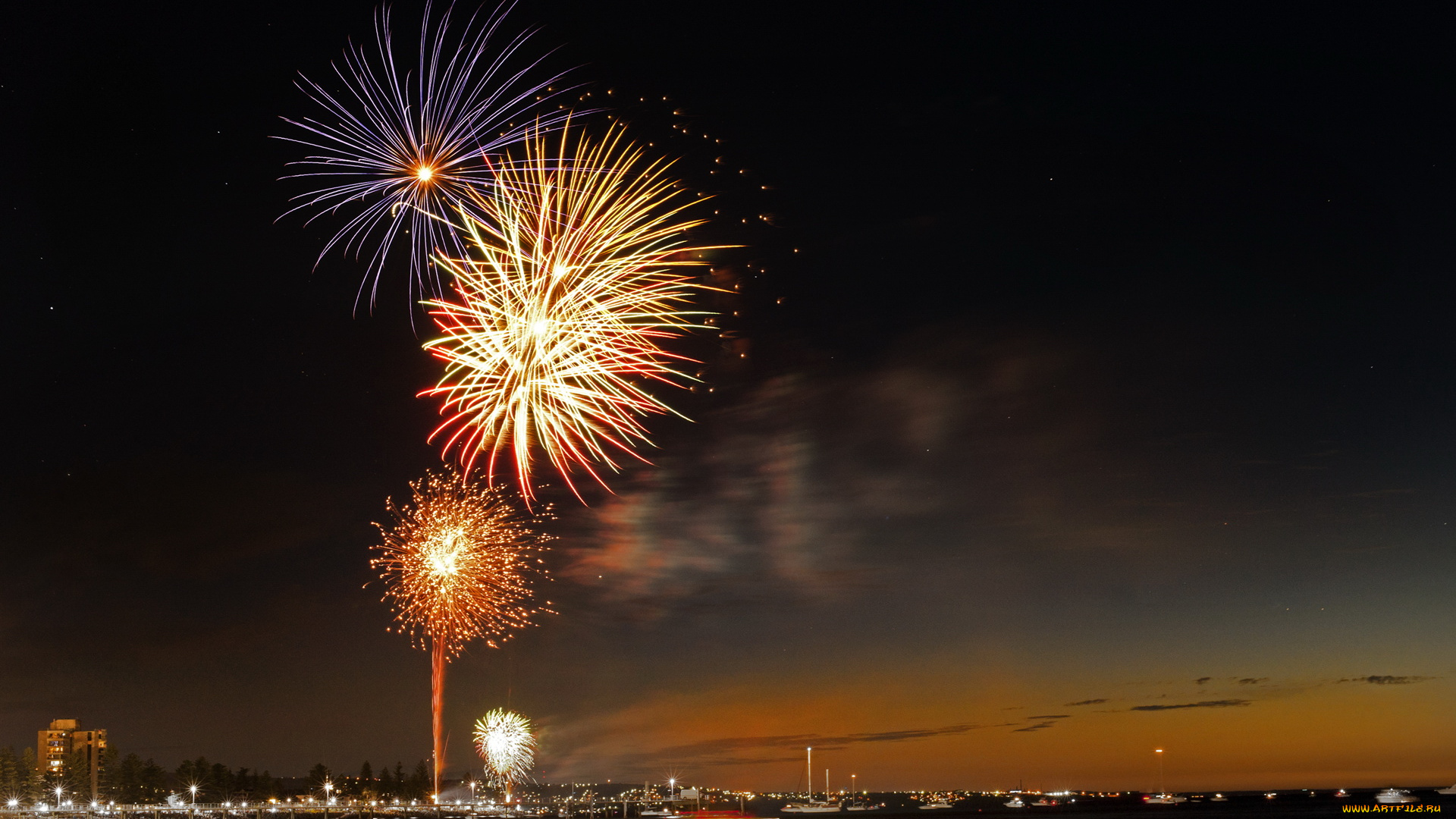 разное, салюты, фейерверки, вечер, облака