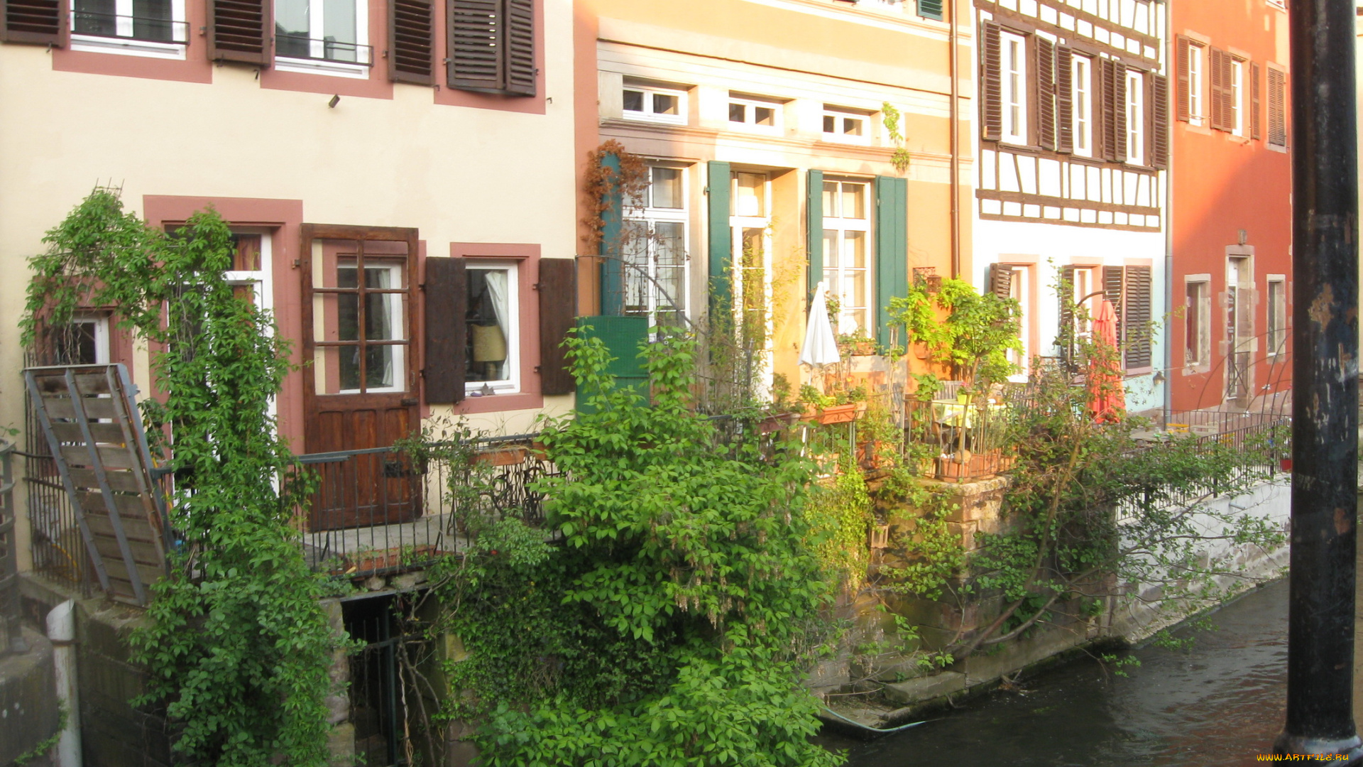 страсбург, города, франция, кусты, окна, канал, здание