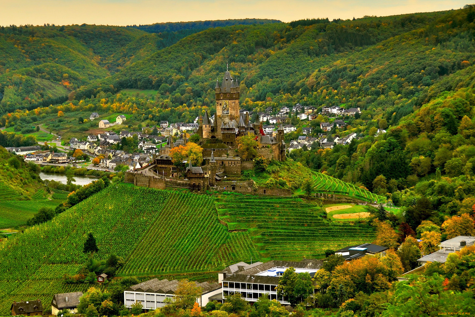 germany, castle, cochem, города, кохем, германия, здания, деревья, поля, замок