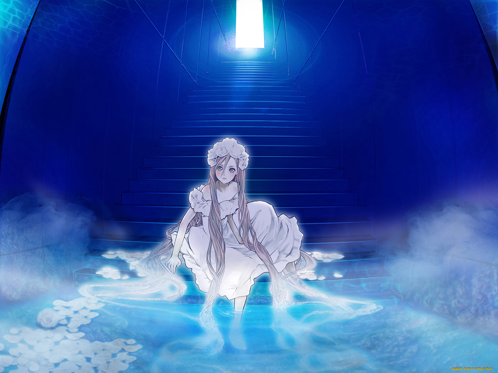 by, ebba, аниме, *unknown, другое, цветы, вода, лестница, волосы, девушка, платье
