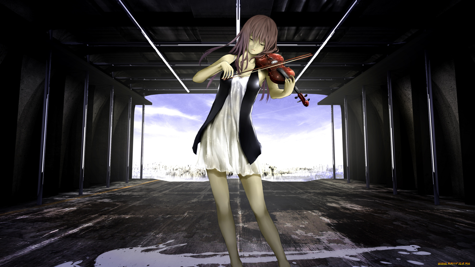 by, loundraw, аниме, headphones, instrumental, музыка, скрипка, волосы, девушка