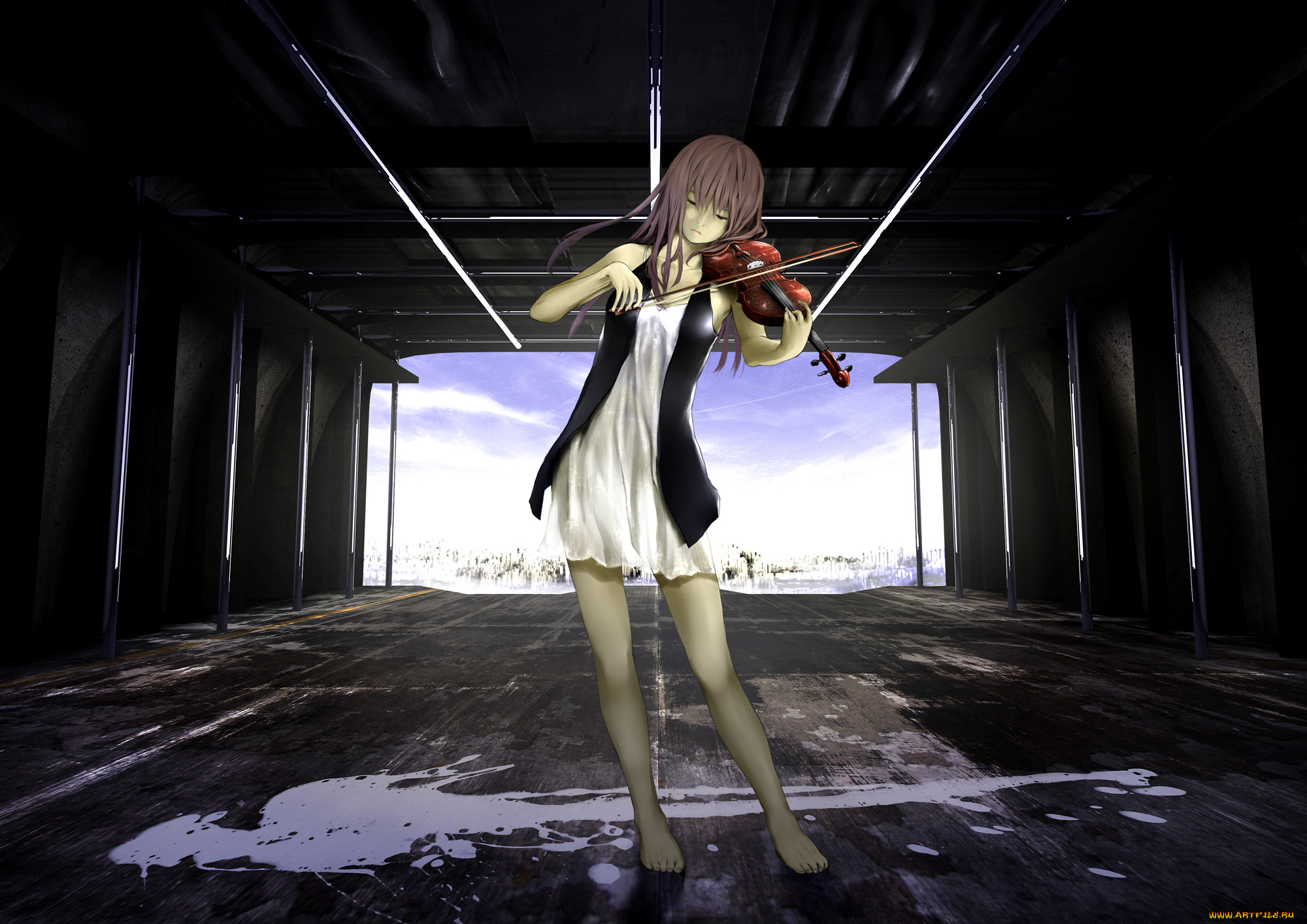 by, loundraw, аниме, headphones, instrumental, музыка, скрипка, волосы, девушка