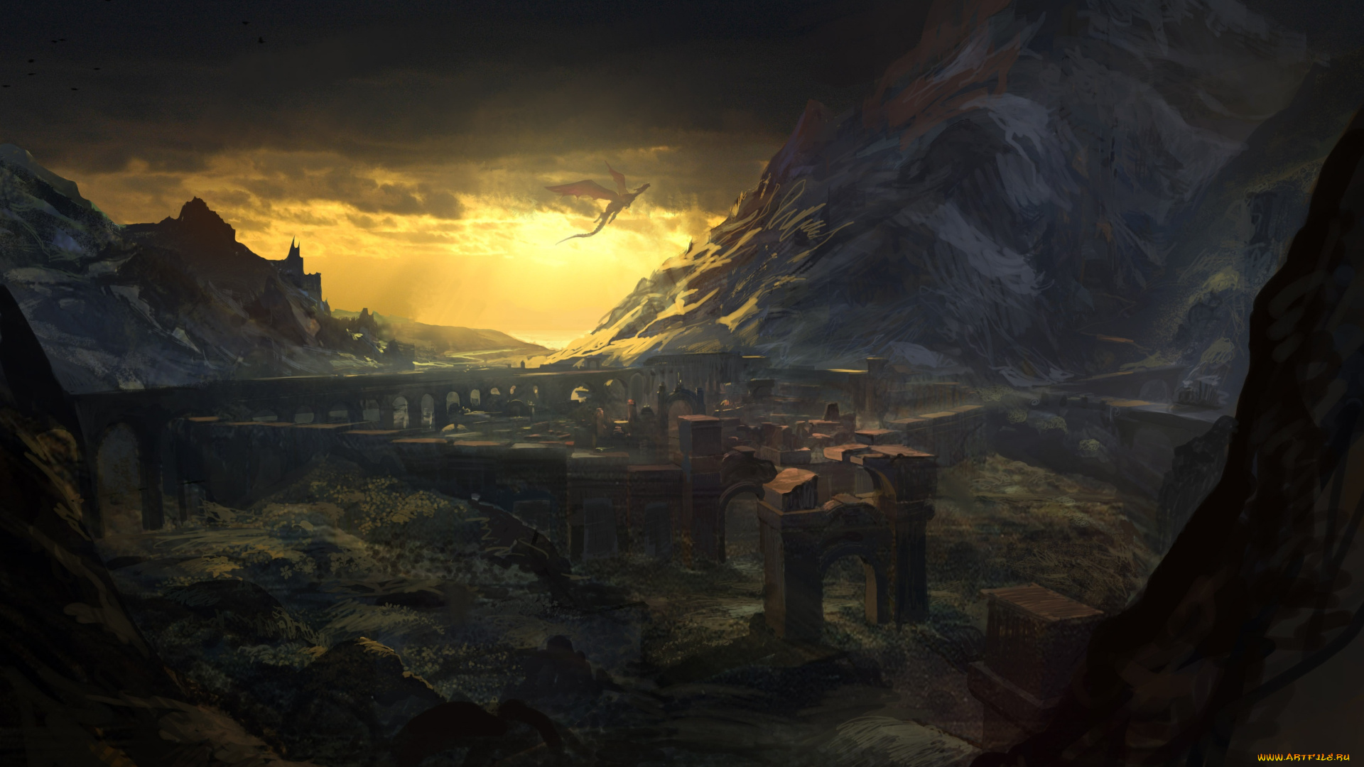 фэнтези, иные, миры, , иные, времена, дракон, руины, горы, акведуки, арки