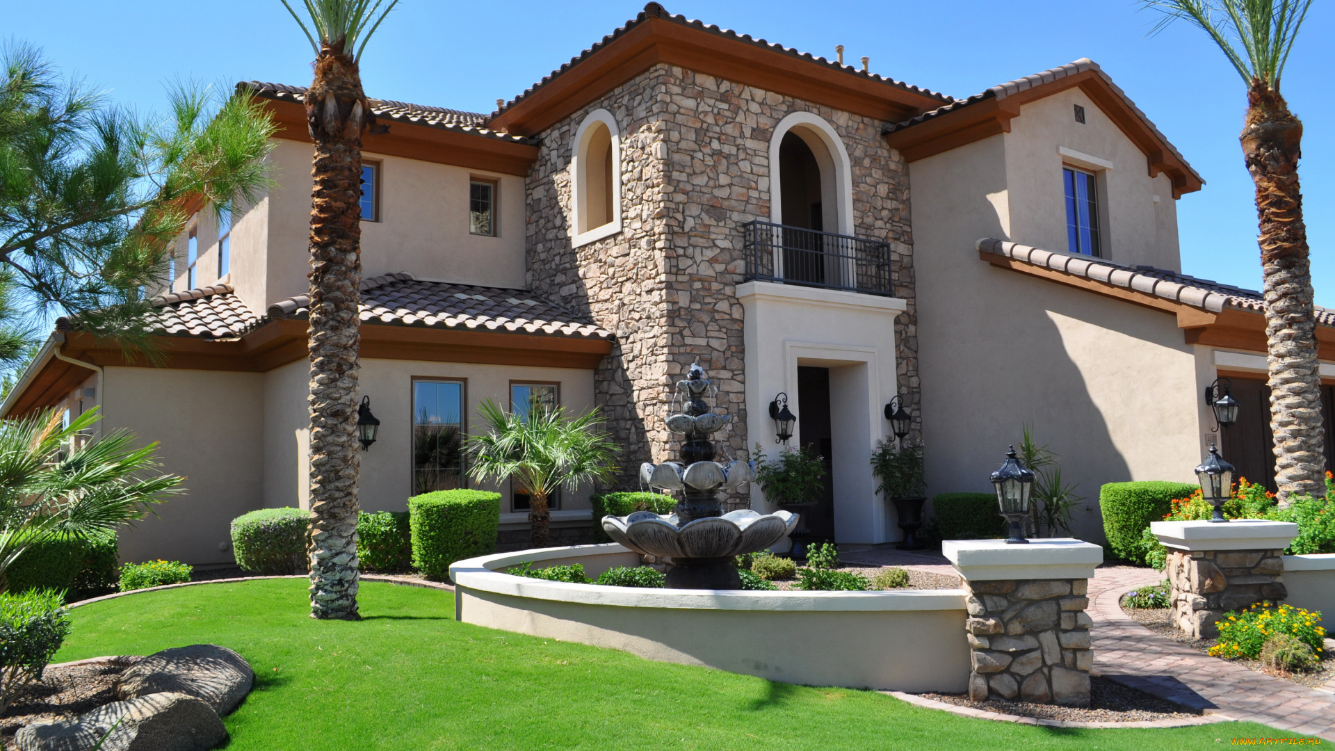 города, -, здания, , дома, фонтан, лужайка, ландшафт, пальмы, трава, дом