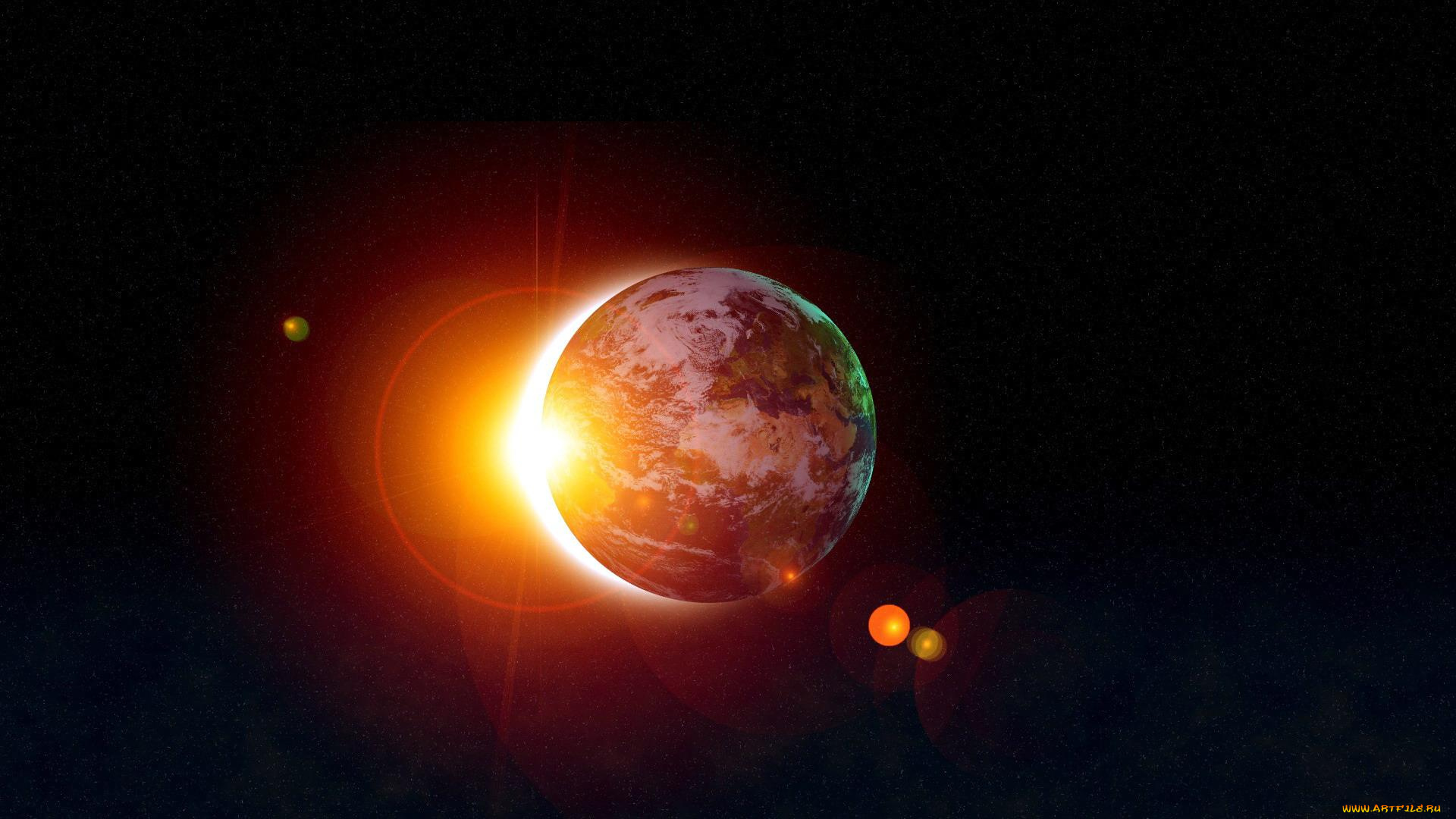 космос, арт, блики, затмение, солнце, звезды, планета