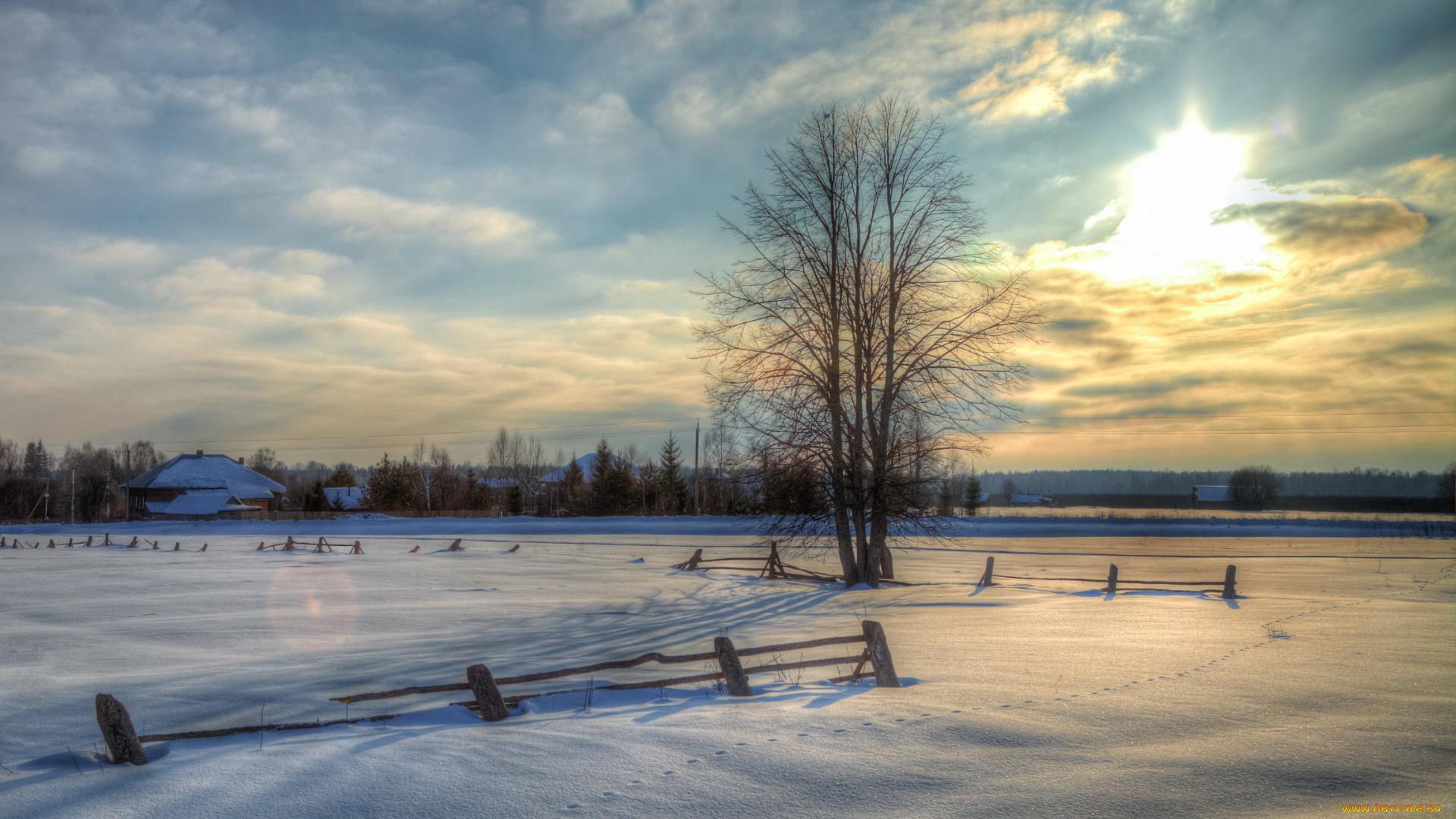 природа, зима, hdr, россия, снег, закат