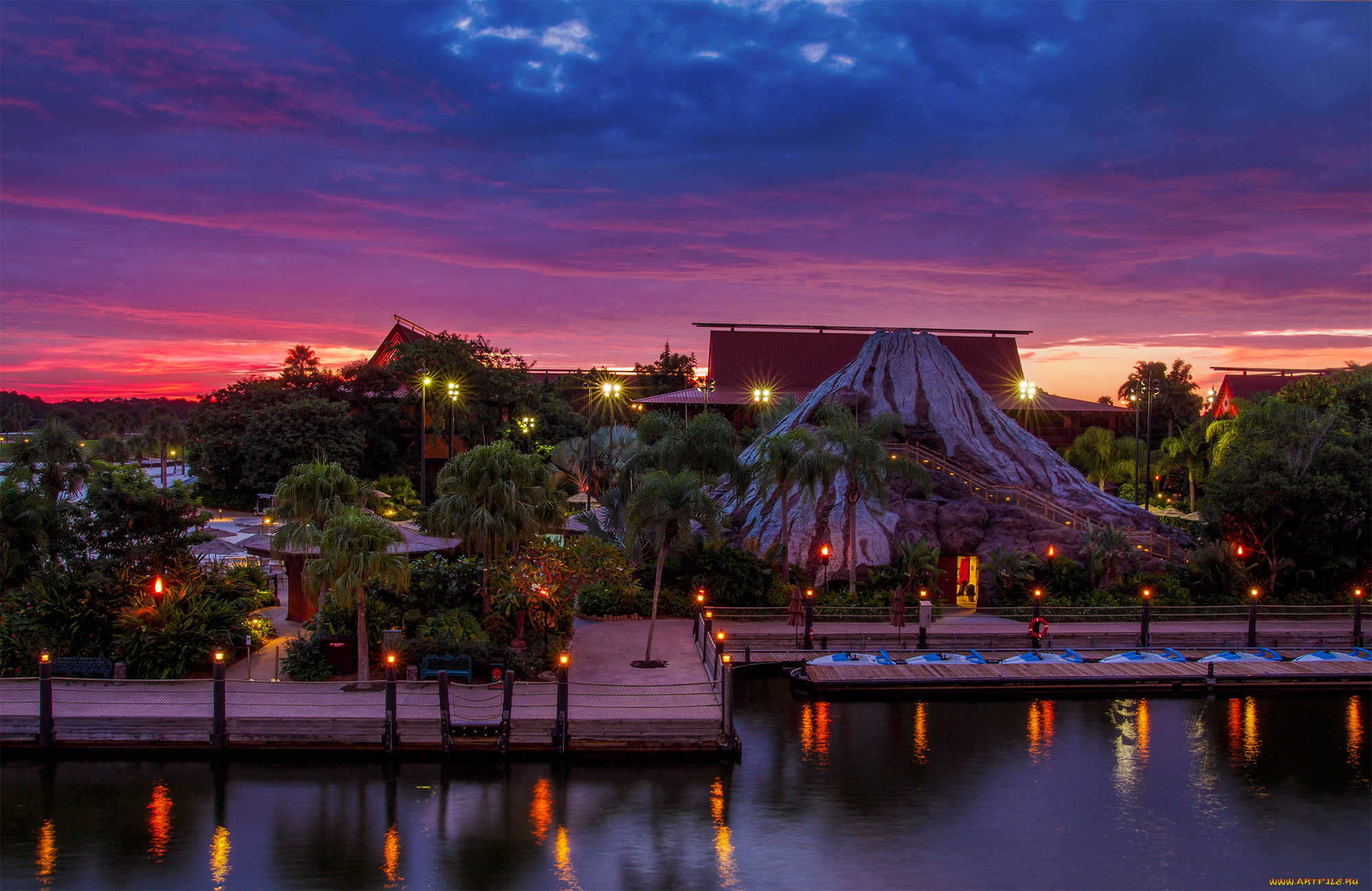 города, диснейленд, ночь, hdr, дизайн, сша, парки, анахайм, полинезийская, деревня, калифорния