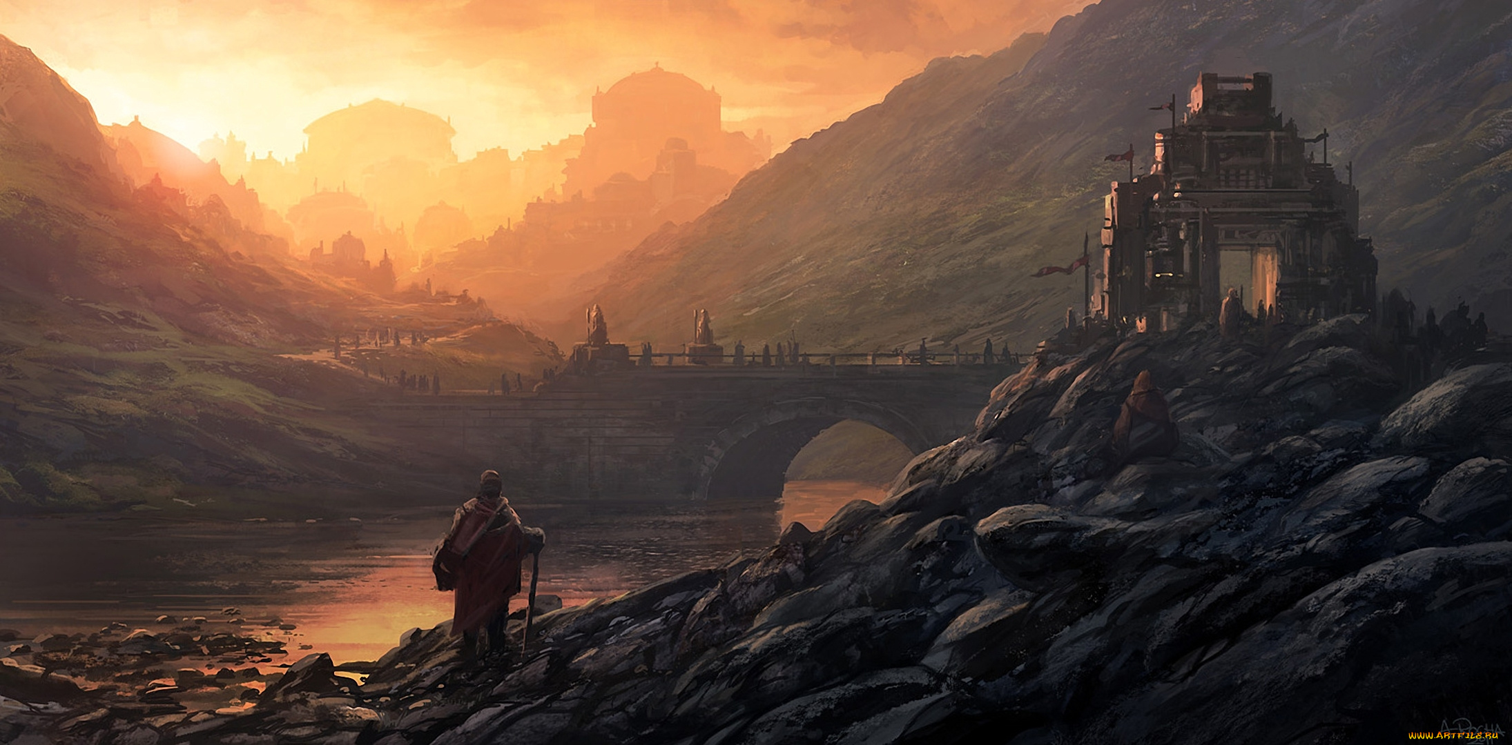 фэнтези, иные, миры, , иные, времена, город, мост, путник, горы, река
