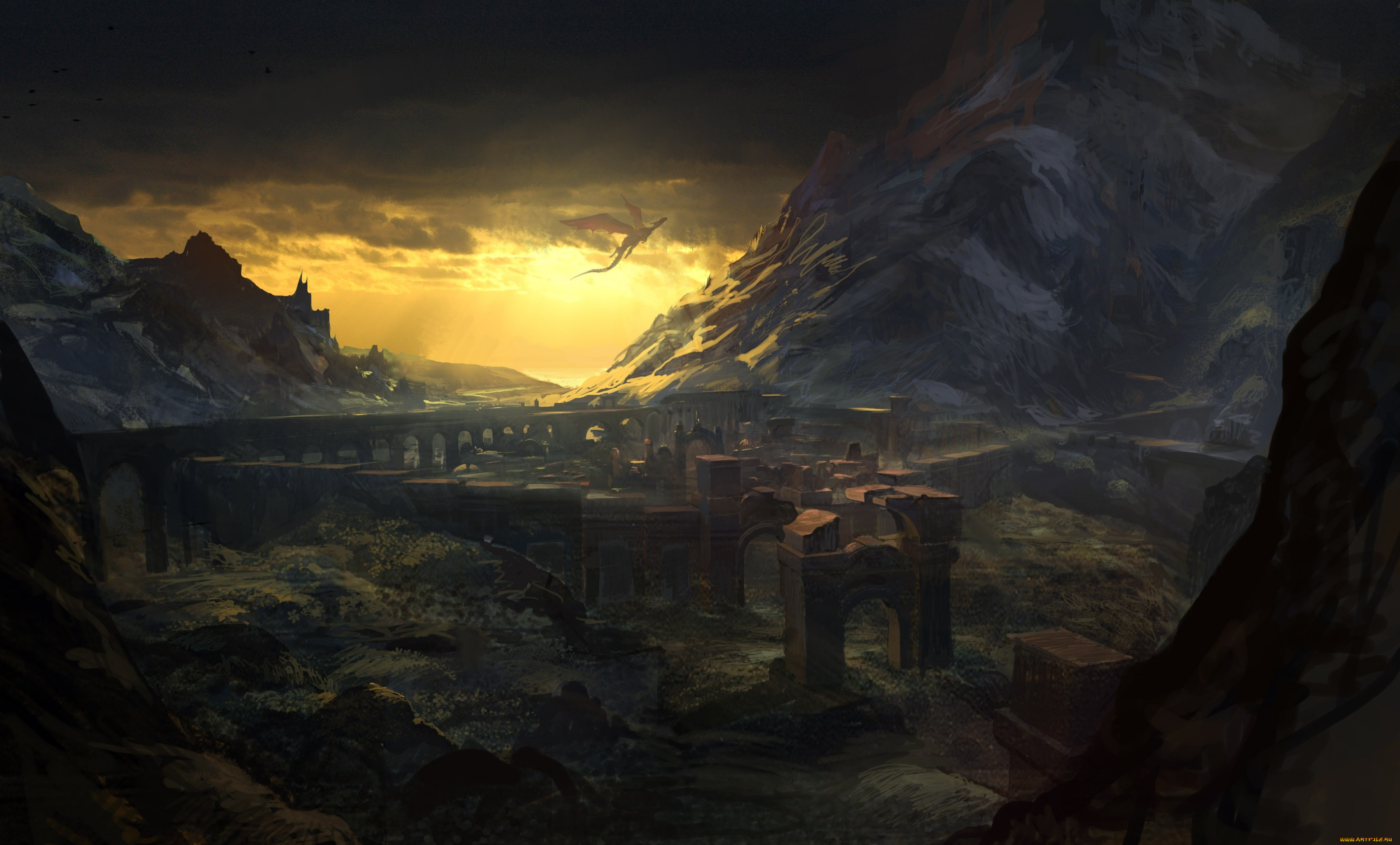 фэнтези, иные, миры, , иные, времена, дракон, руины, горы, акведуки, арки